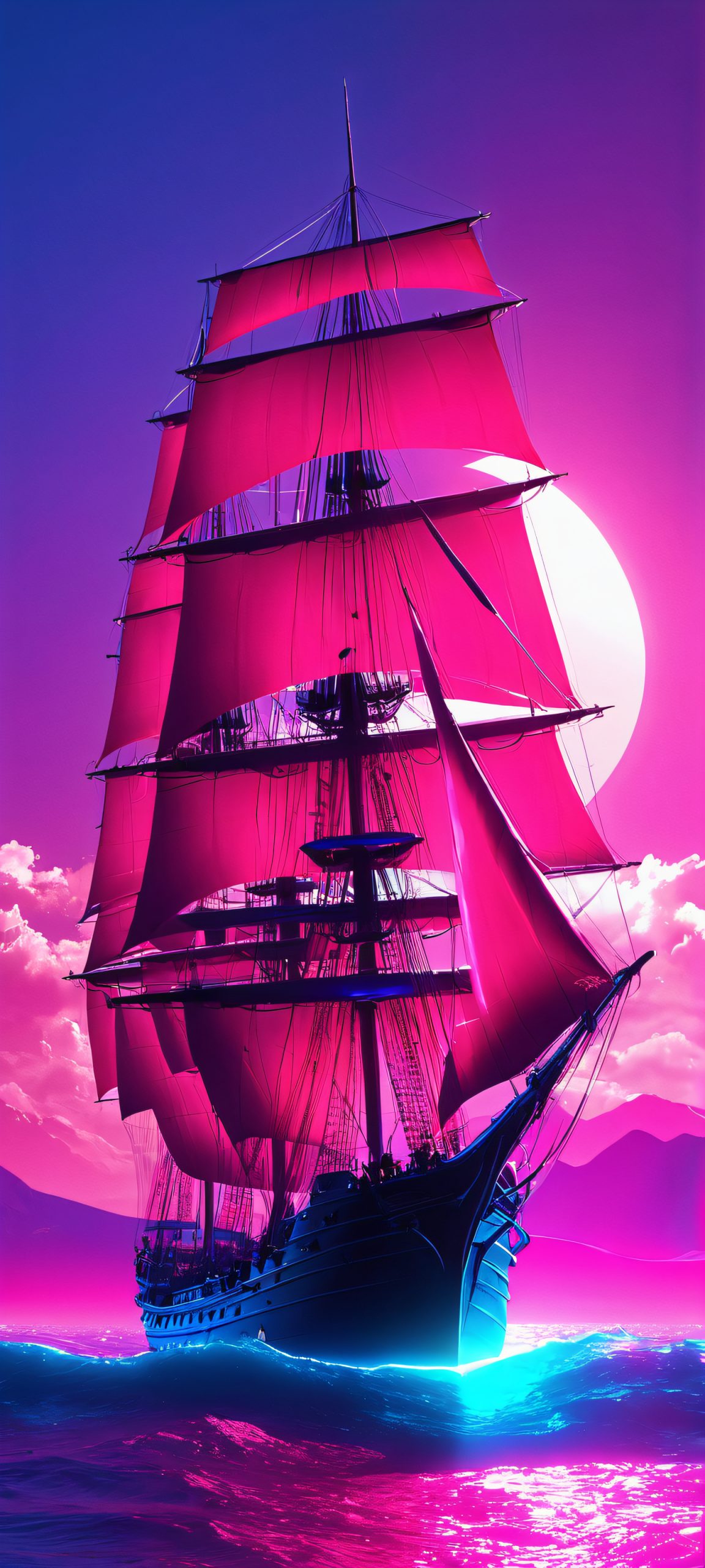 Sailship Odyssey 2K Phone Wallpaper A majestic sail ship glides through digital mountains under a glowing electric blue sun, perfectly optimized for iPhone and Android home screens.