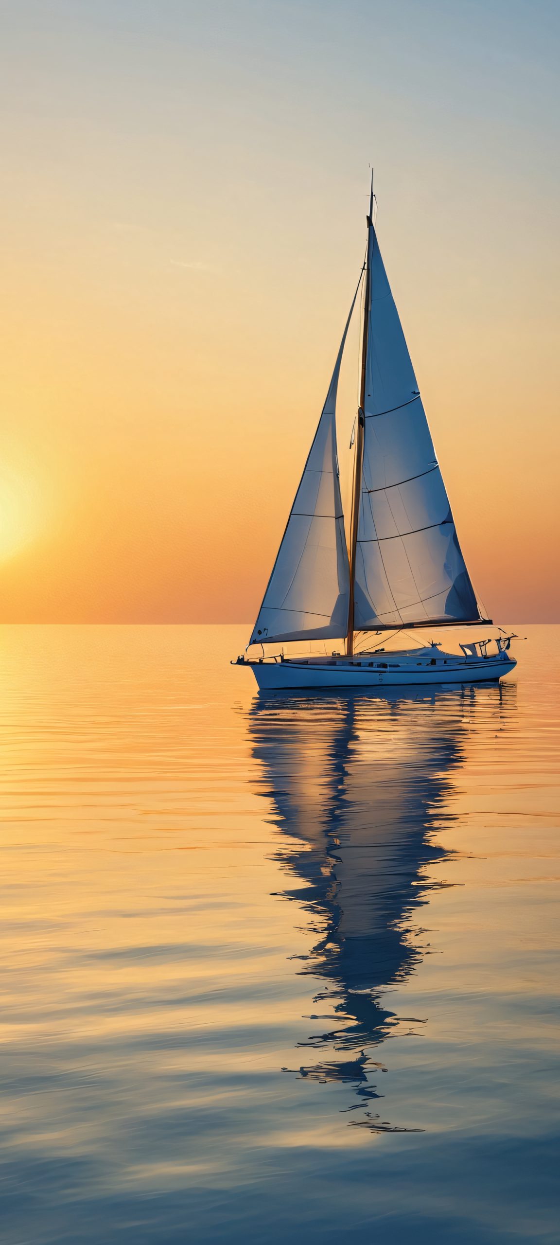 iPhone/Android screenshot of a sailboat at the seaside during golden hour, with blue and white hues