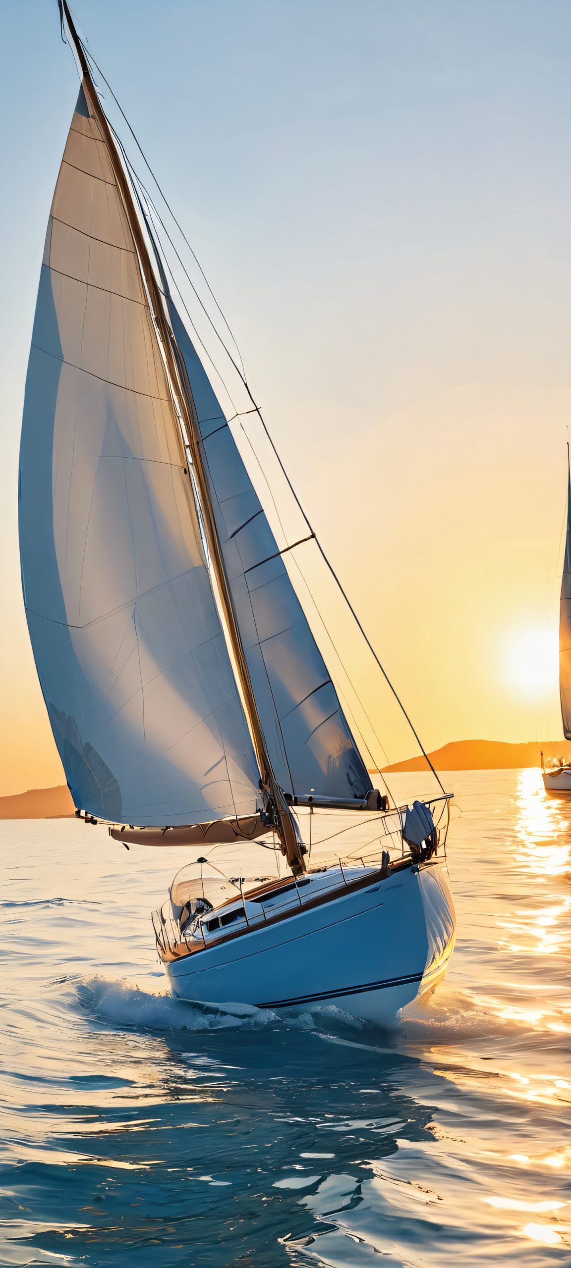Beautiful sailboat scenery at golden hour, perfect for iPhone or Android wallpaper, featuring blue, white, and sandy colors.