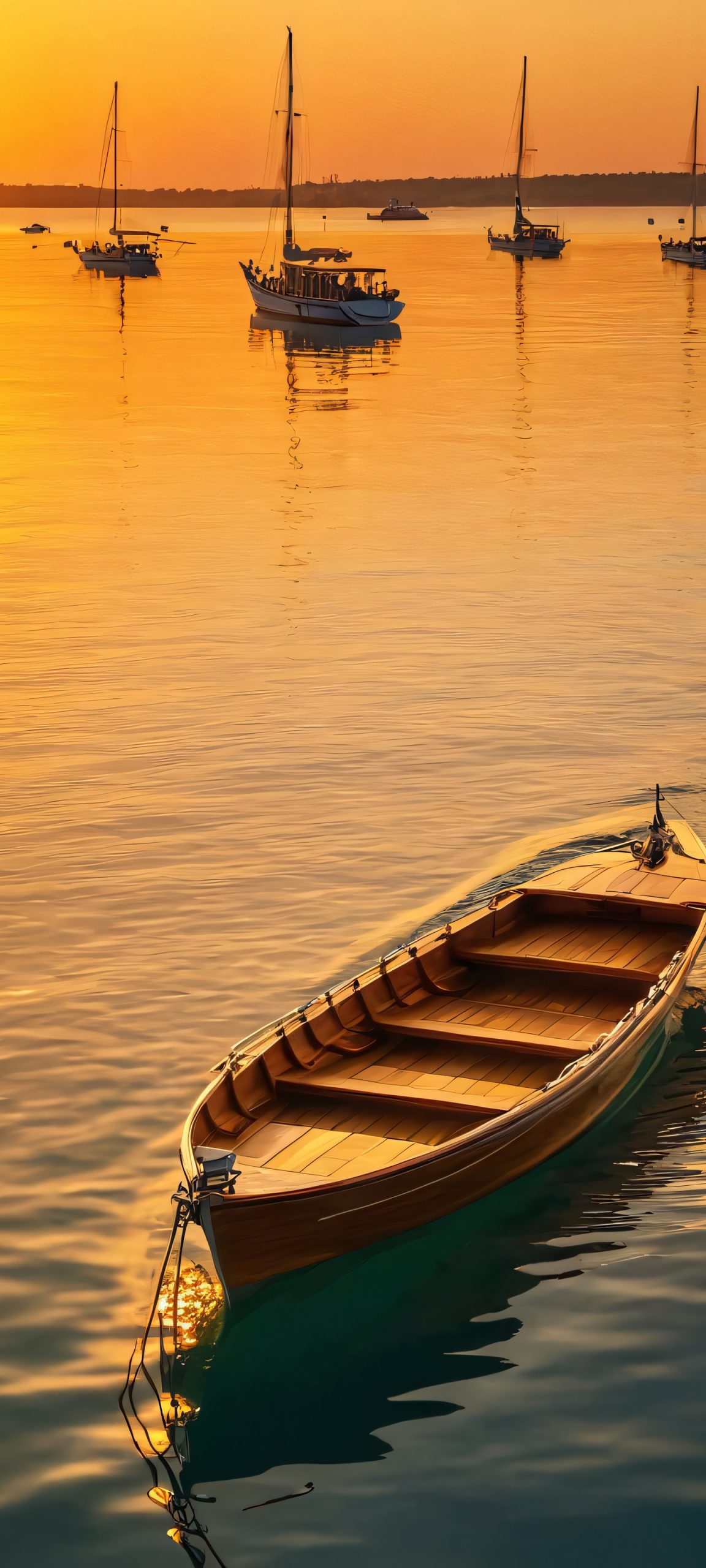 A serene sailboat scene at golden hour, perfectly optimized for iPhone and Android home screens, featuring a calm water reflection and a warm sunset glow.