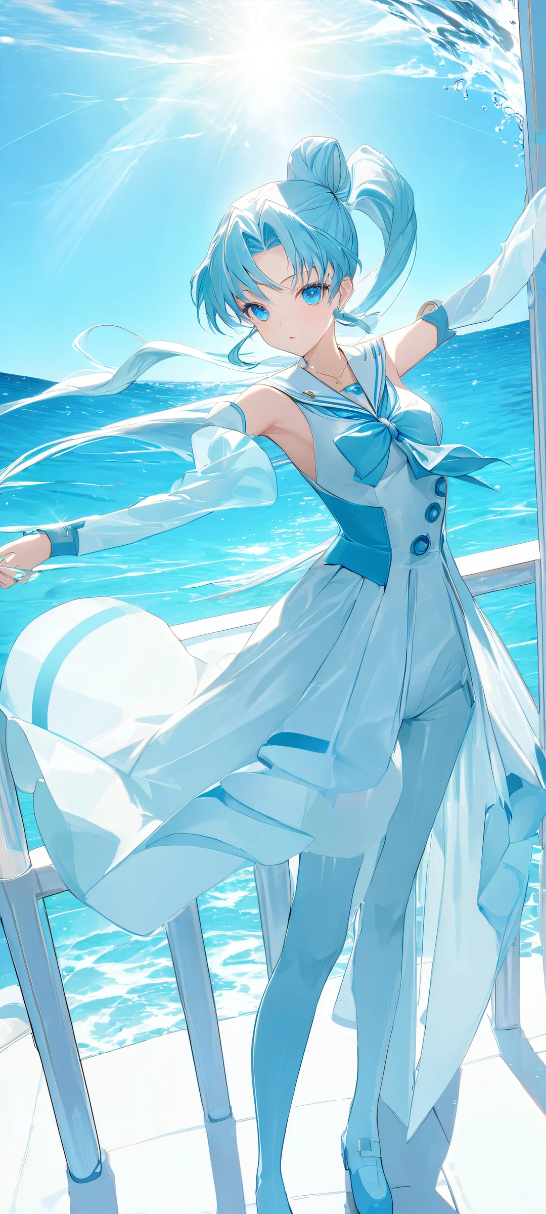 Sailor Uranus Ocean Dreamscape QHD Phone Background Breathtaking mobile wallpaper of Sailor Uranus surrounded by ocean waves and misty blue hues, perfect for iPhone or Android home screens.