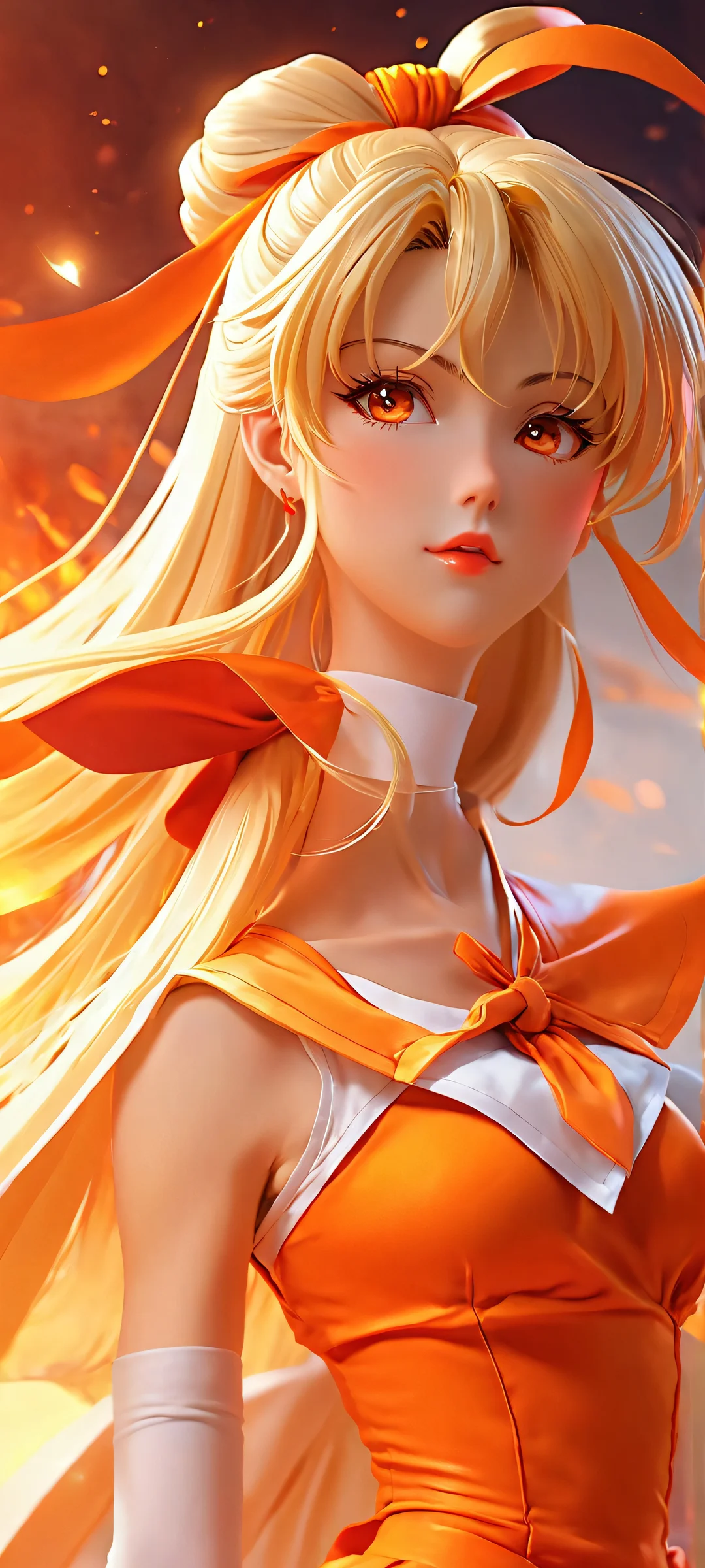 Sailor Venus in a fiery glow on iPhone and Android mobile phone screens.