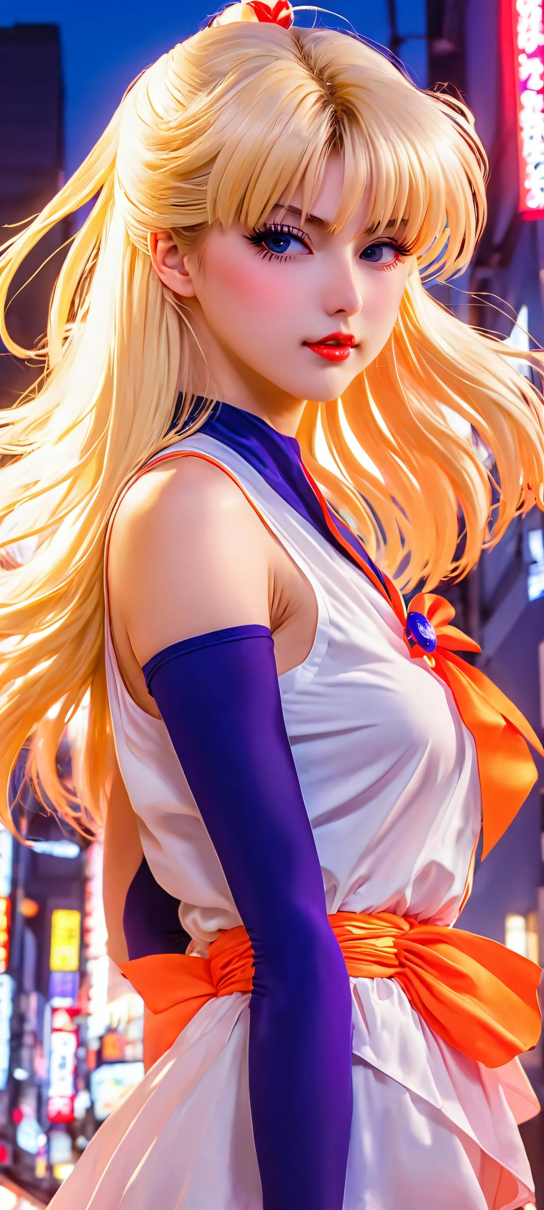 Sailor Venus standing in front of a neon-lit Tokyo street at night, perfectly optimized for iPhone and Android home screens.