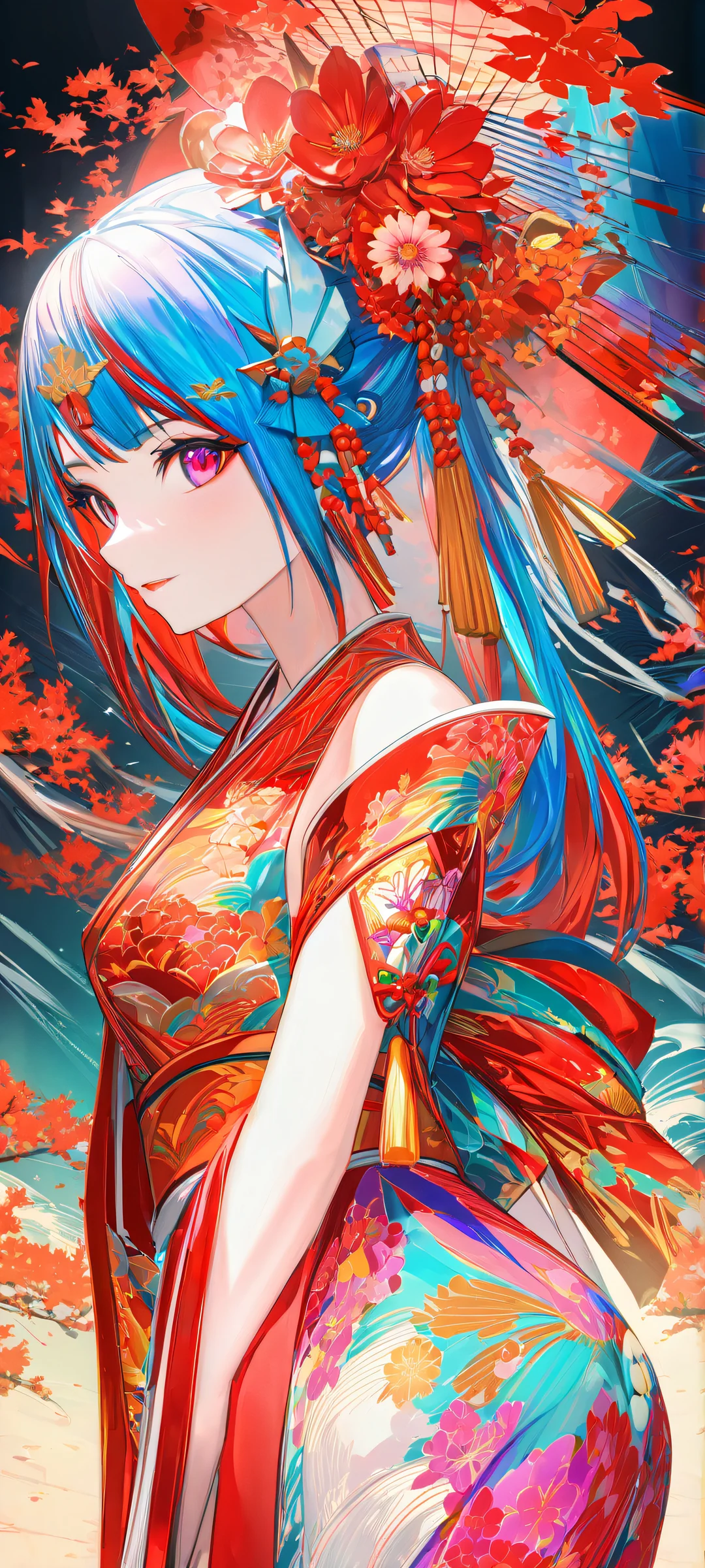 A stunning digital painting of a beautiful Japanese woman surrounded by cherry blossoms, perfekt optimiert für iPhone- und Android-Startbildschirme.