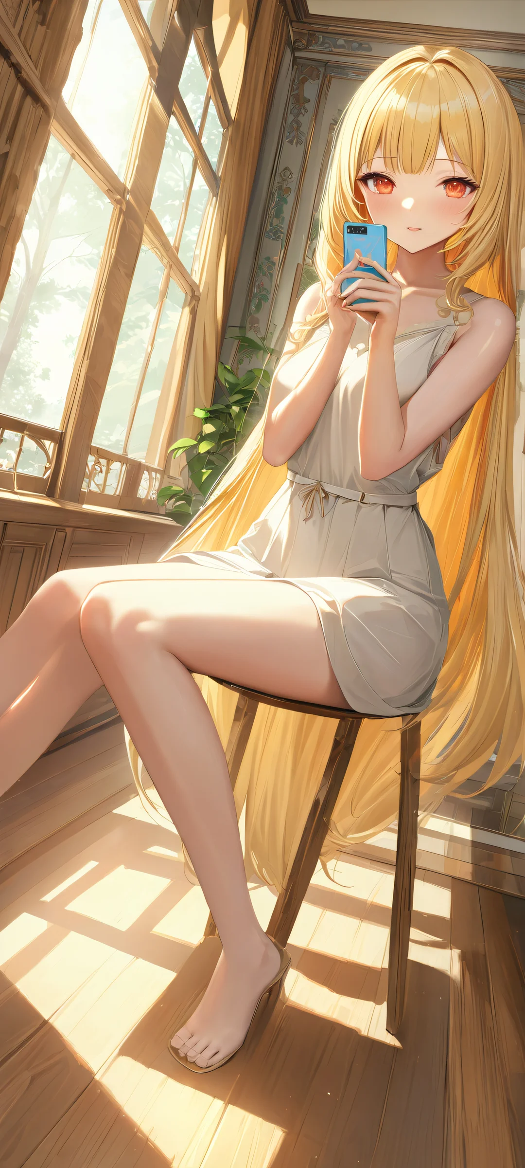 A beautiful blonde-haired girl with a soft pink dress, surrounded by a warm and cozy atmosphere, perfect for iPhone/Android home screens.