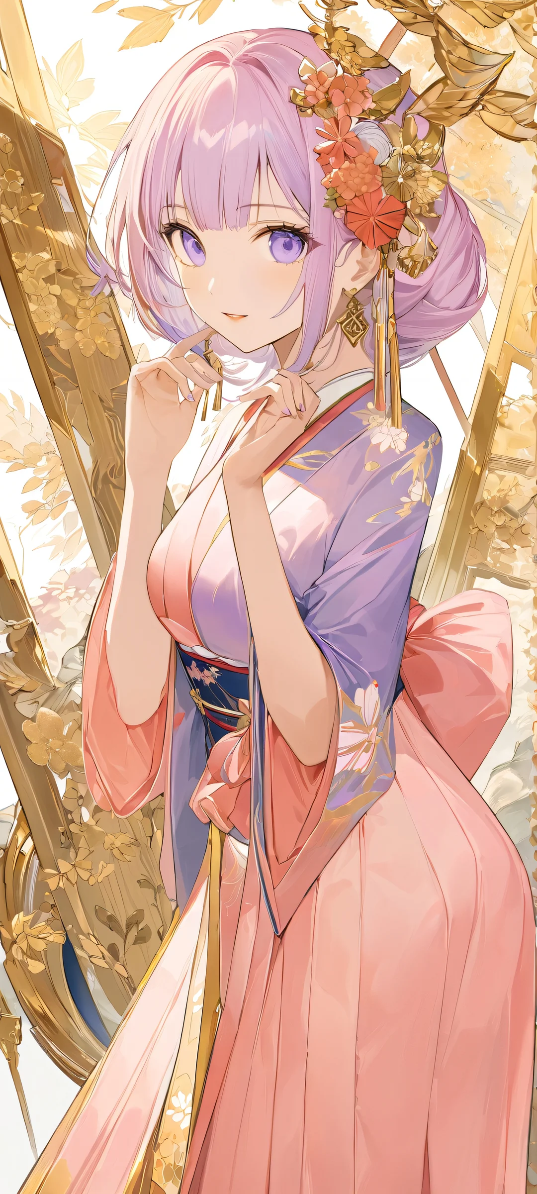 Stunning digital painting of a traditional Japanese setting with a serene woman surrounded by cherry blossoms, perfectly suited for iPhone and Android home screens.