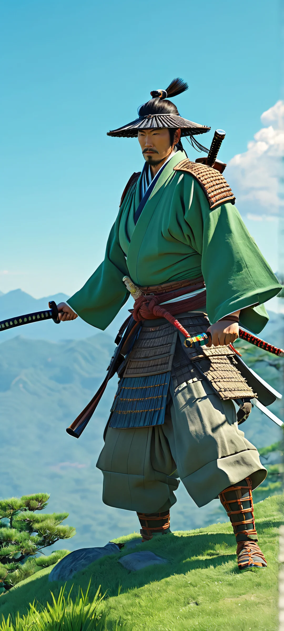 A serene landscape of Samurai men standing strong amidst a clear blue sky, perfect for iPhone and Android home screens.