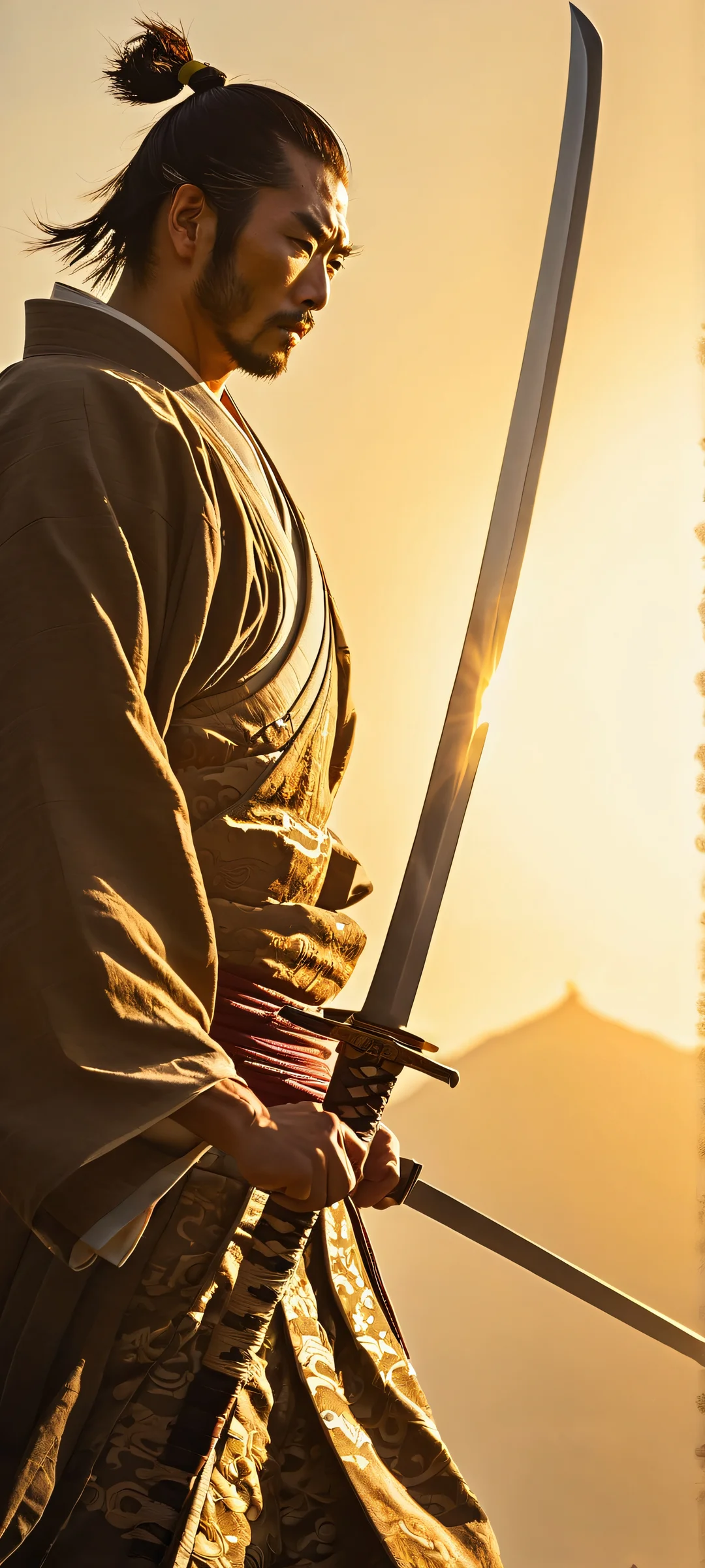 iPhone and Android compatible wallpaper of samurai men enjoying the sunset with swords in hand.