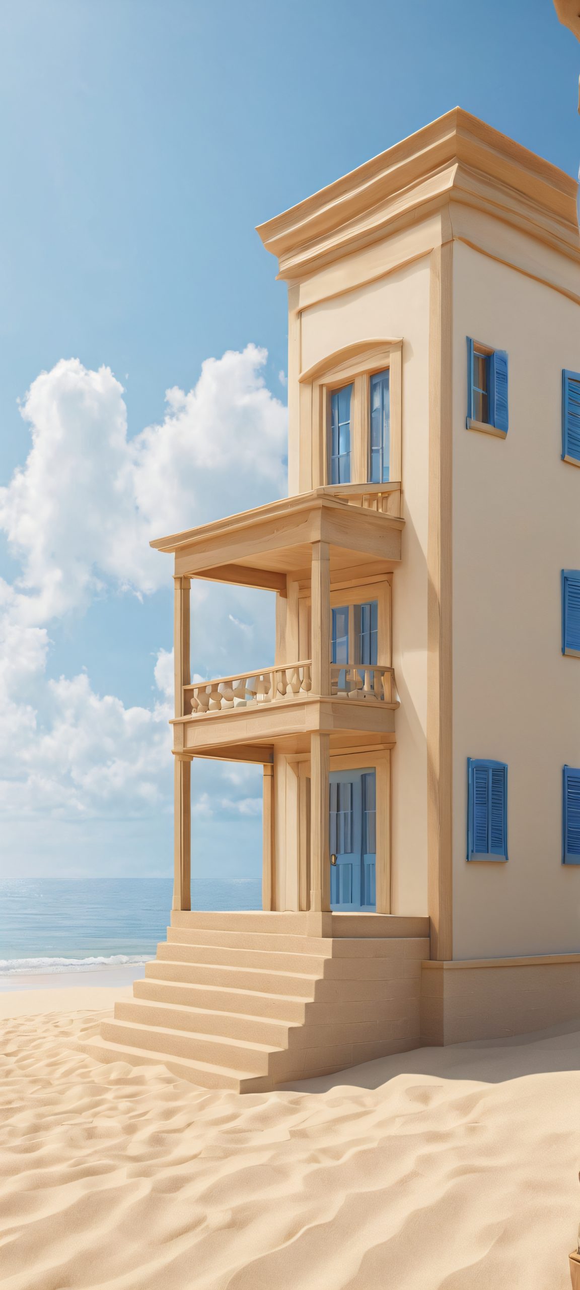 A serene iPhone and Android wallpaper of a beachside building on a warm sandy beach, with a calming blue sky and soft overcast, perfect for your mobile home screen