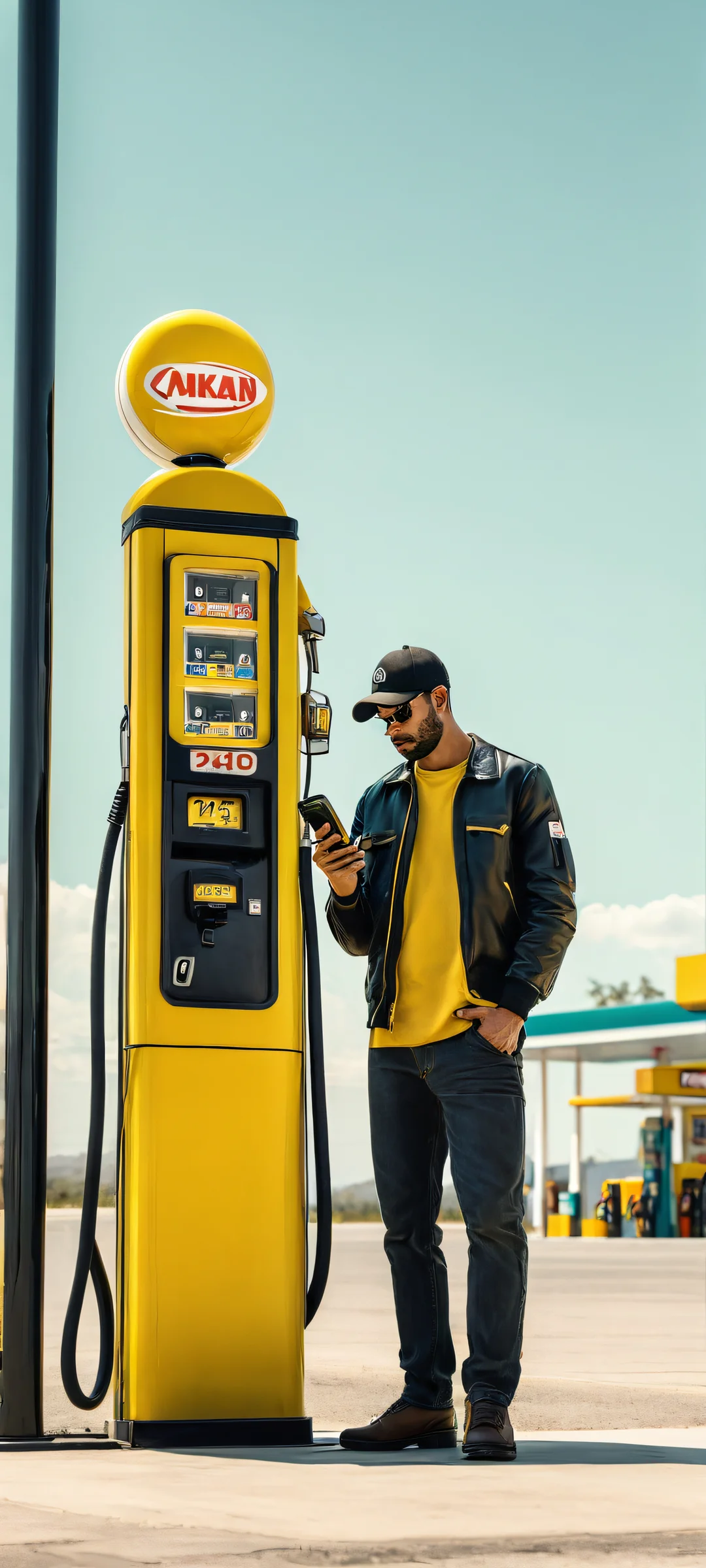 Man at a gas station during the day with a sarcastic expression on his face. Compatible with iPhone and Android devices.