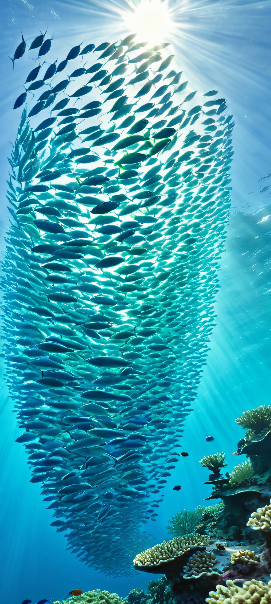 A serene underwater scene of a school of fish swimming amidst coral reef, perfectly suited for your iPhone or Android home screen.