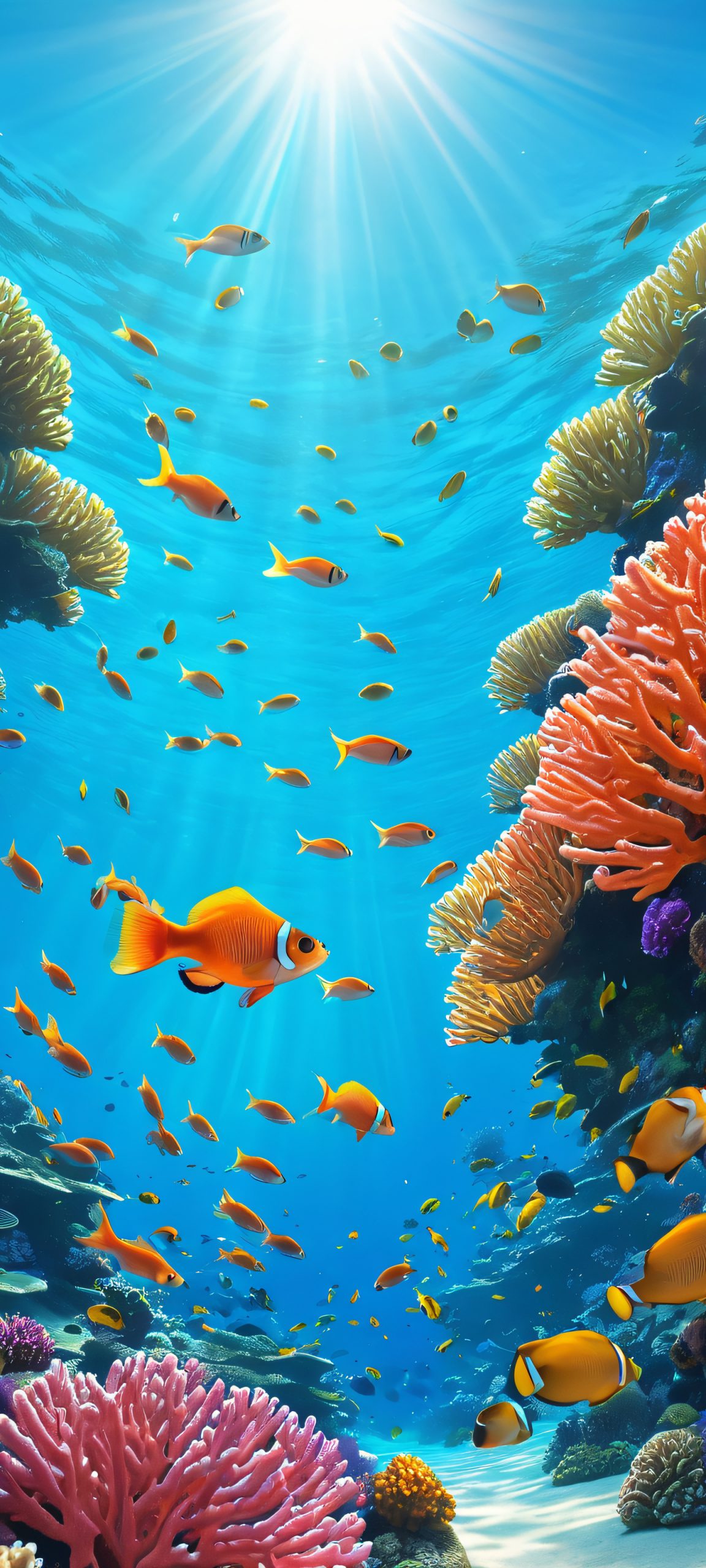 Colorful school of fish swimming amidst vibrant coral reef, perfect for iPhone and Android home screens