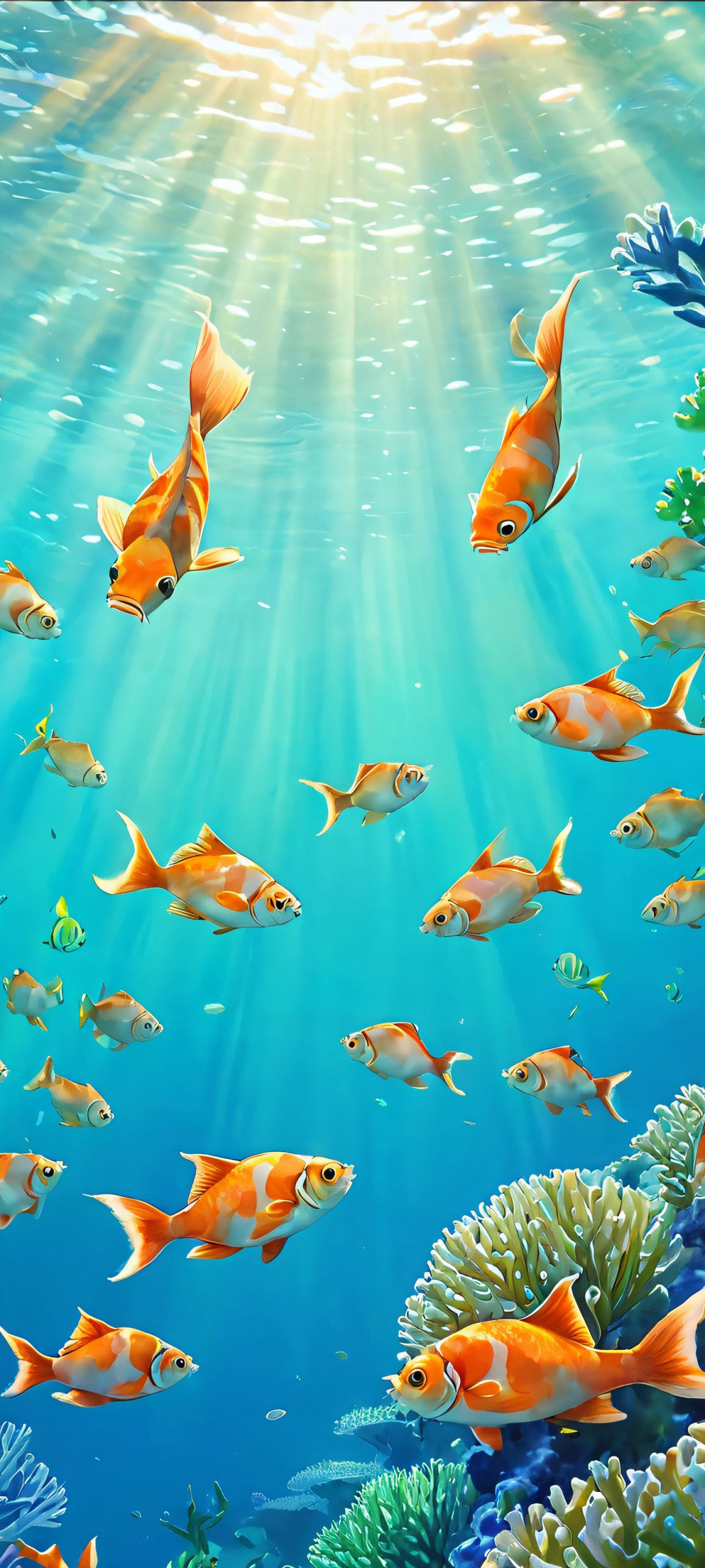 A majestic school of fish swimming amidst vibrant coral, perfectly optimized for iPhone and Android home screens.
