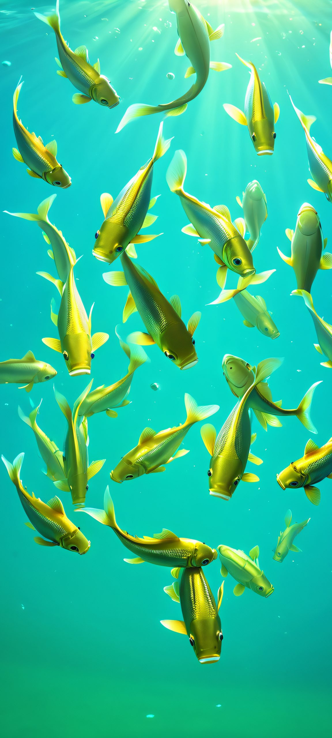 Surreal underwater scene of a school of fish swimming in a soft glow of blue, green, and gold hues, perfect for iPhone and Android home screens.