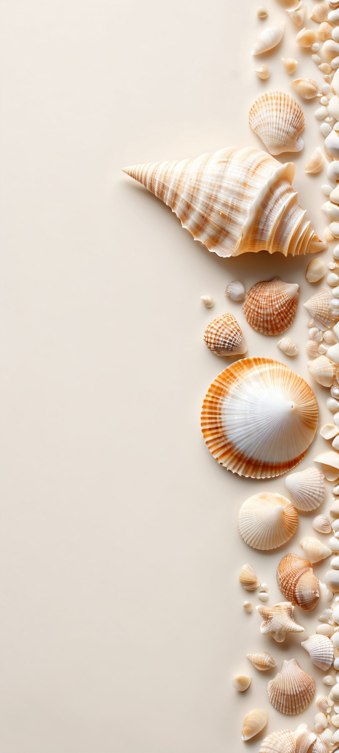 Sea Shell Oasis 2K QHD Home Screen Minimalist sea shell design on a white surface, perfect for iPhone/Android home screens.
