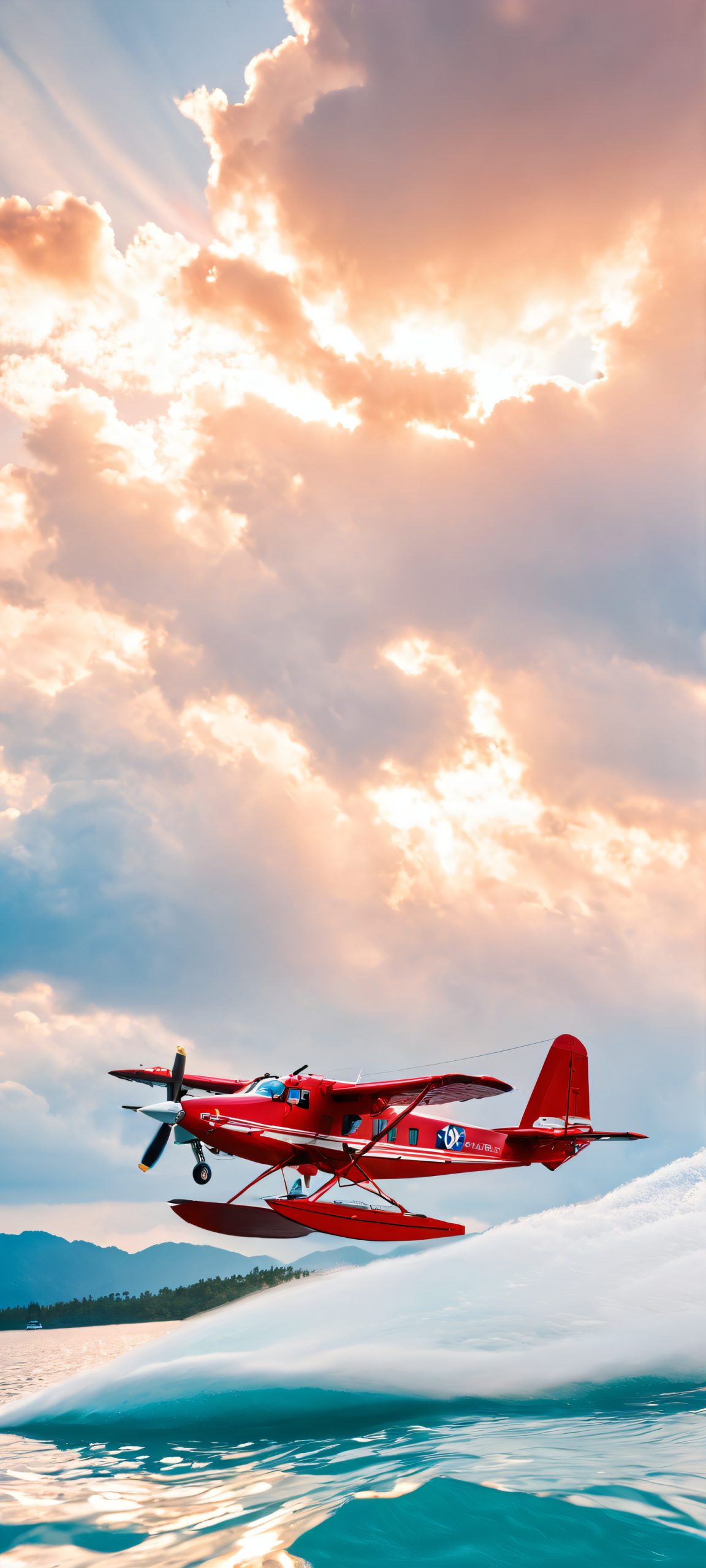 Seaplane Soar iPhone & Android Wallpaper A stunning aerial seaplane flying high in the sunlit sky for your iPhone/Android mobile phone background.