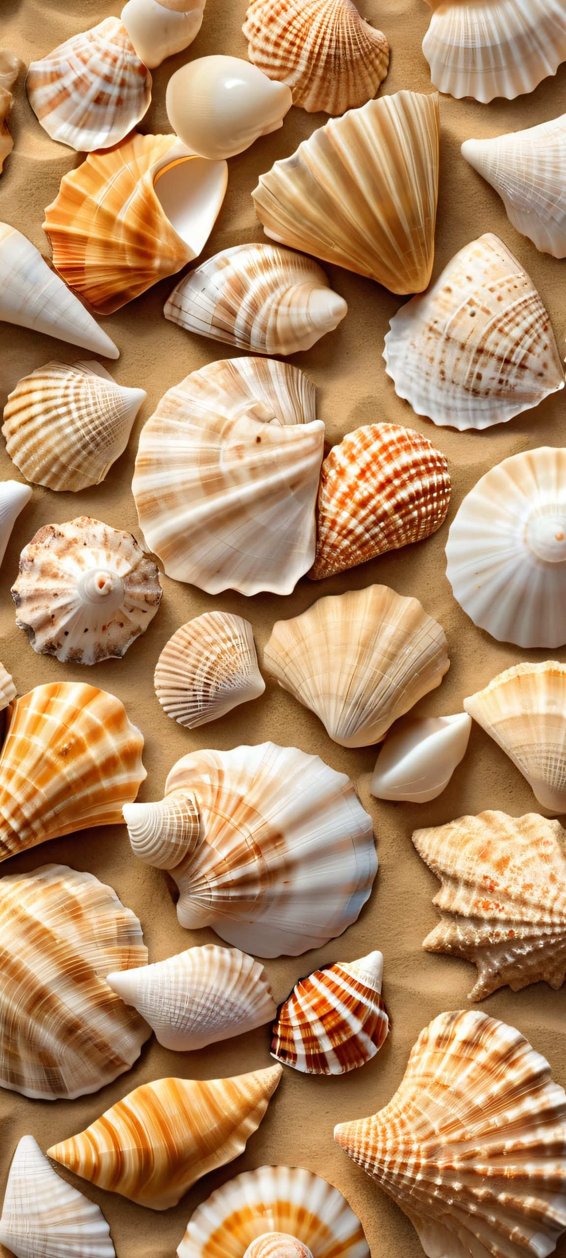 A stunning vertical mobile wallpaper featuring realistic seashells and a serene coastline, perfect for iPhone and Android devices.