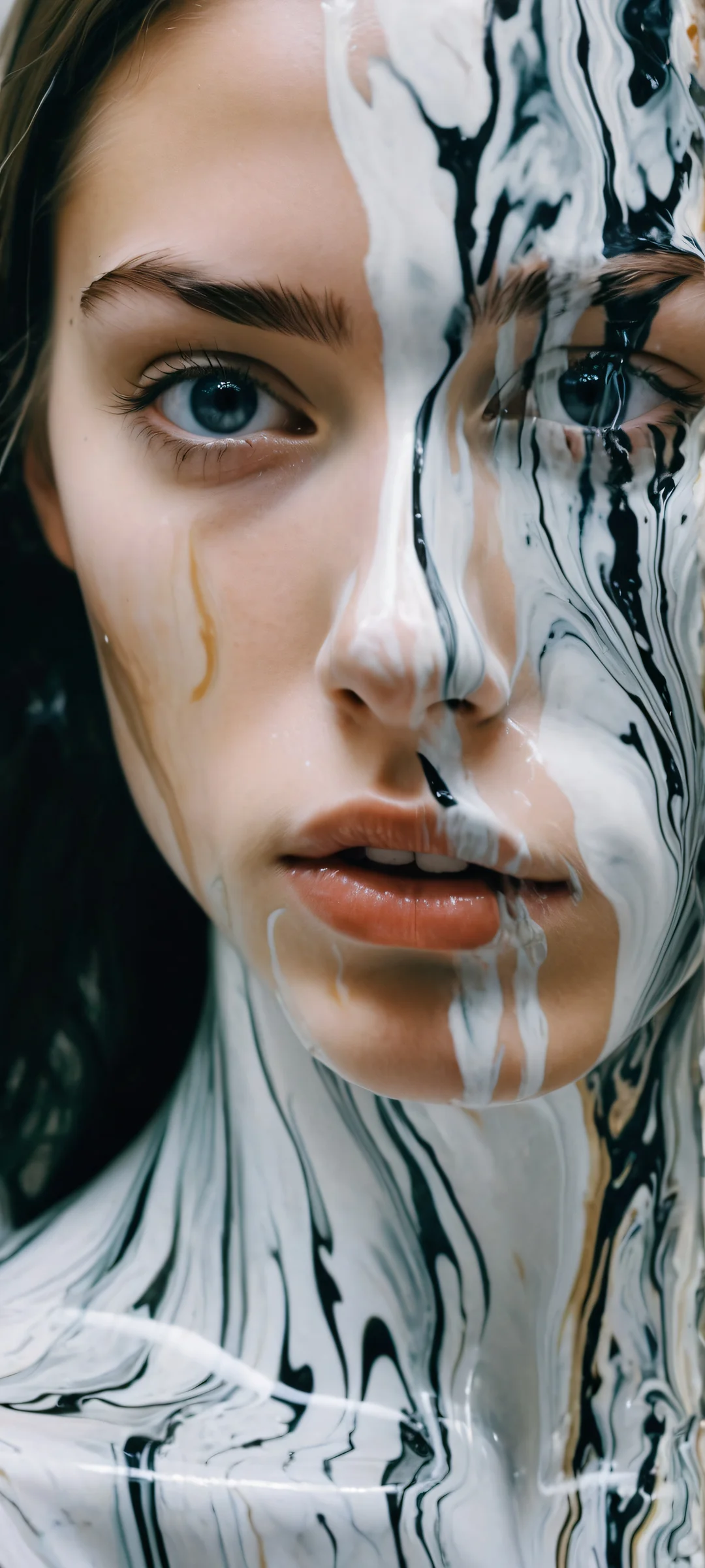 A mesmerizing liquid marble portrait of girls against a smooth black background, perfect for iPhone and Android home screens.