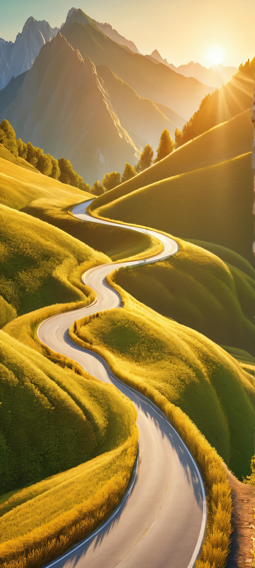 Beautiful Winding Mountain Road on an iPhone/Android device with a soft sunlit background featuring golden brown and rich green hues, perfect for your mobile home screen.