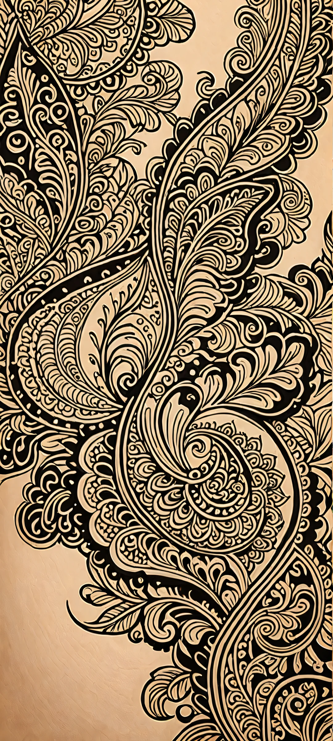 Breathtaking vertical mobile phone wallpaper featuring intricate linework, rice paper textures, and expressive contrasts in sepia tones with black henna details. Perfect for iPhone/Android home screens.