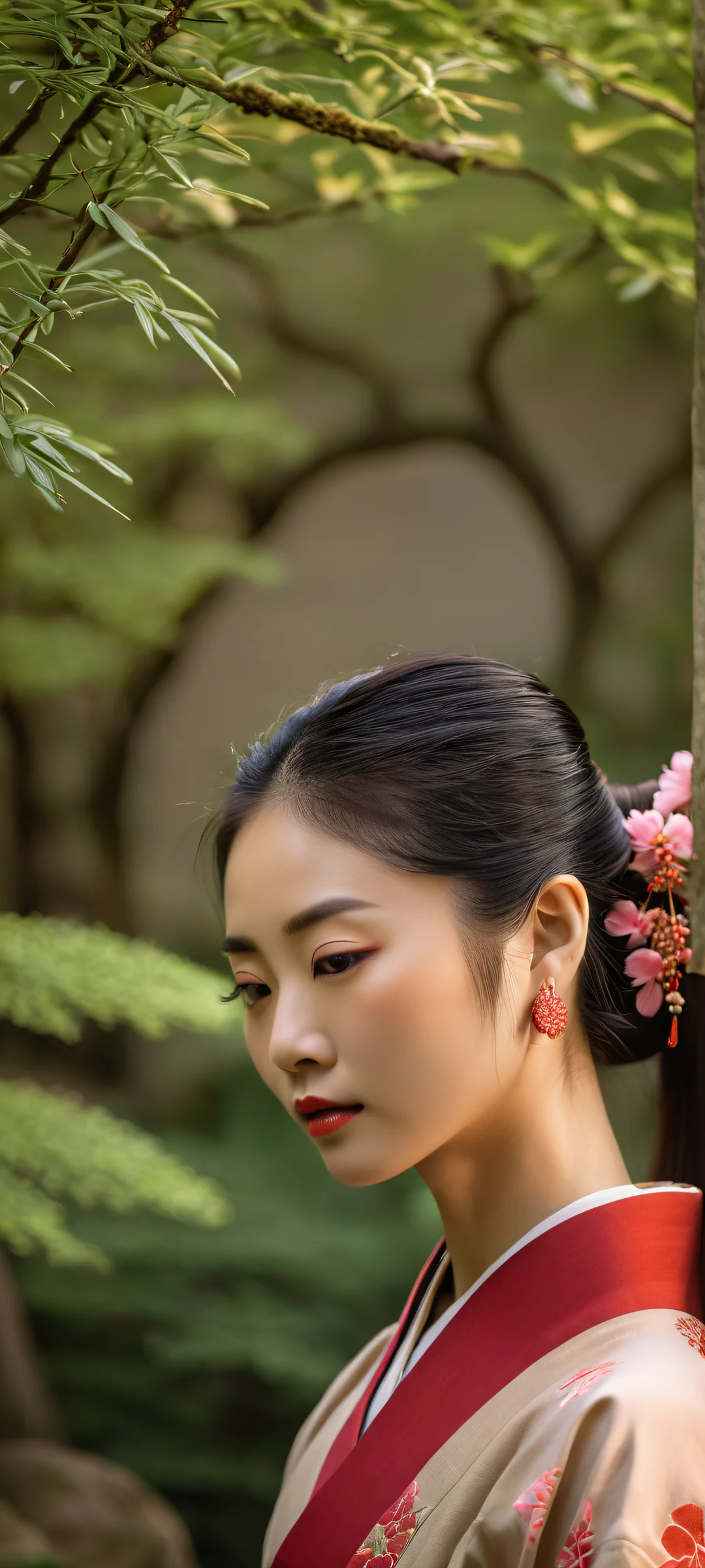 iPhone/Android wallpaper of a serene Asian woman with intricate details and a peaceful garden backdrop.