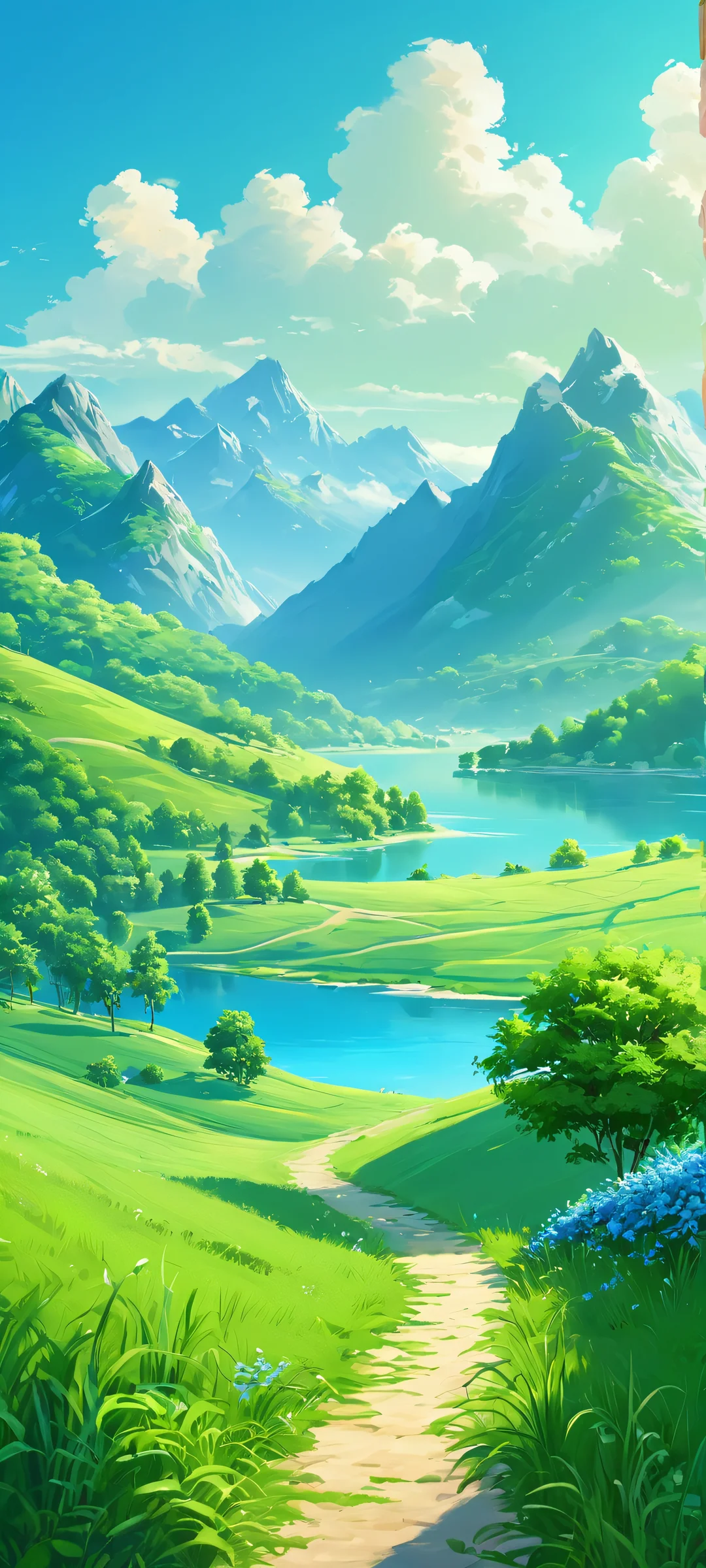 A majestic digital painting of a serene green valley on an iPhone or Android device, perfect for your home screen.