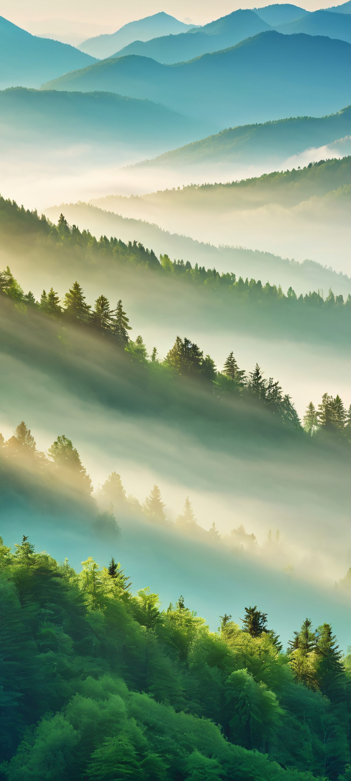 A misty blue and earthy brown landscape of a serene mountain retreat, perfect for your iPhone or Android home screen.