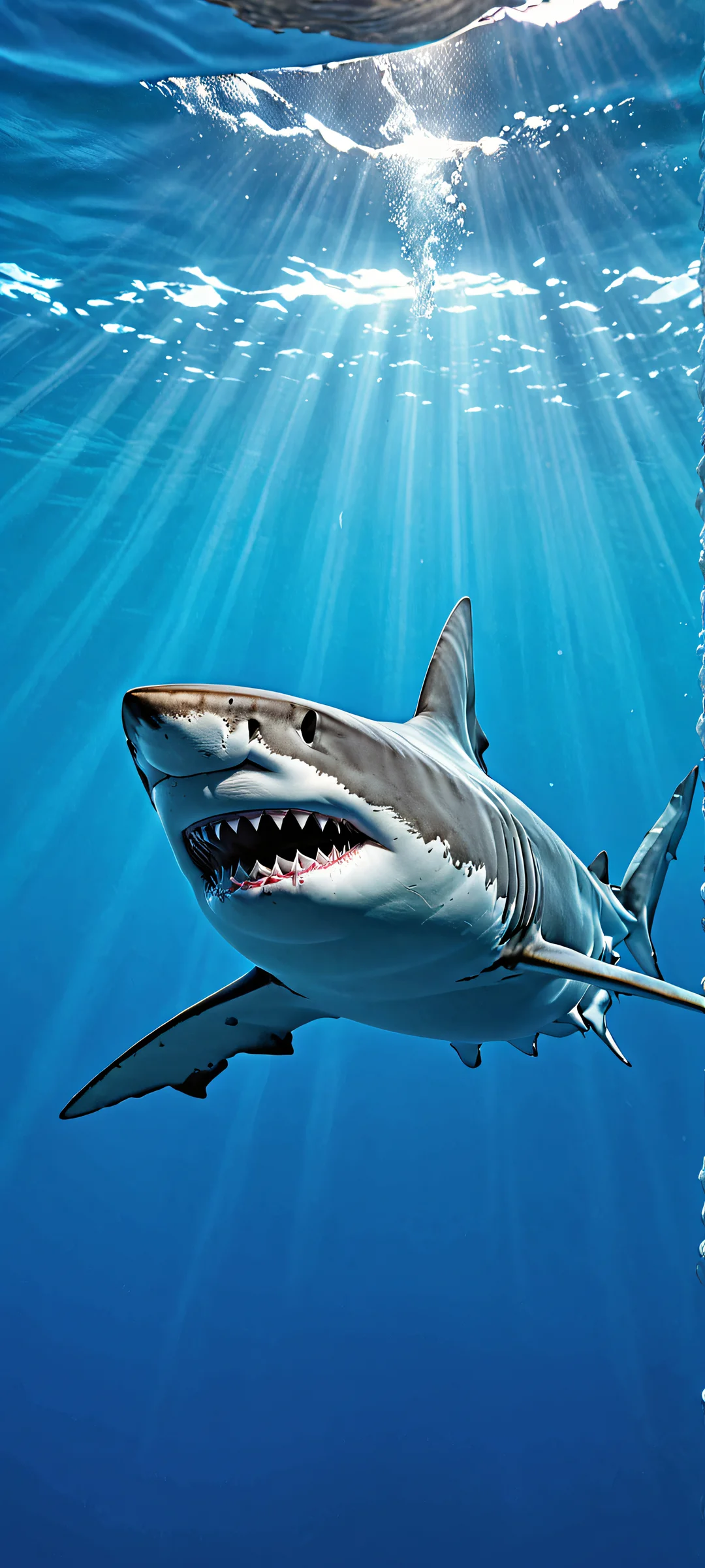 A stunning iPhone and Android wallpaper featuring a majestic shark surrounded by serene ocean water. Perfect for a relaxing screensaver.