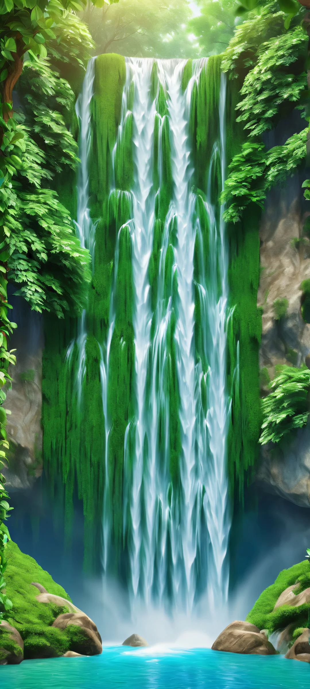 A beautiful indoor waterfall surrounded by lush wooden elements, perfekt optimiert für iPhone- und Android-Startbildschirme.