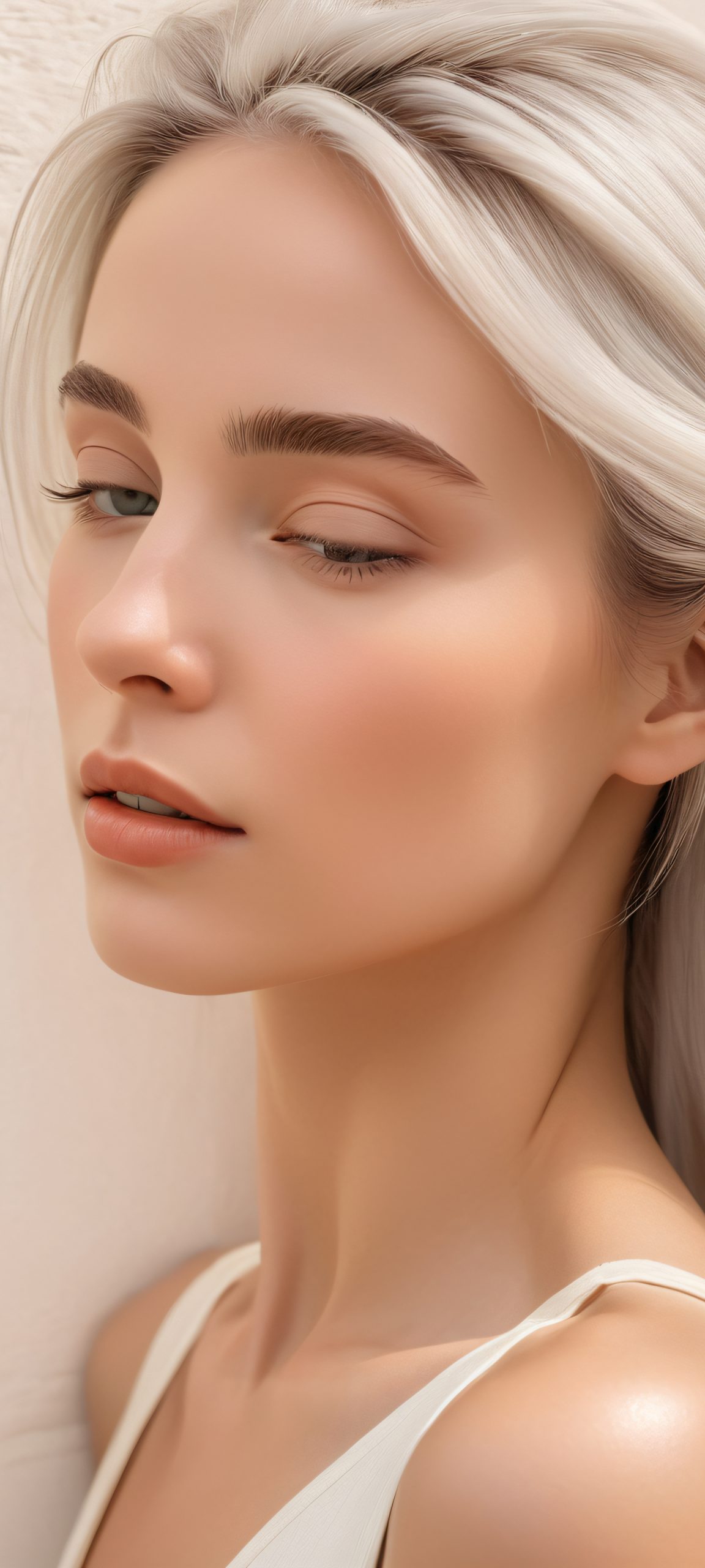 Woman stands in front of a beautiful white wall, surrounded by serene landscape, perfect for iPhone and Android home screens.