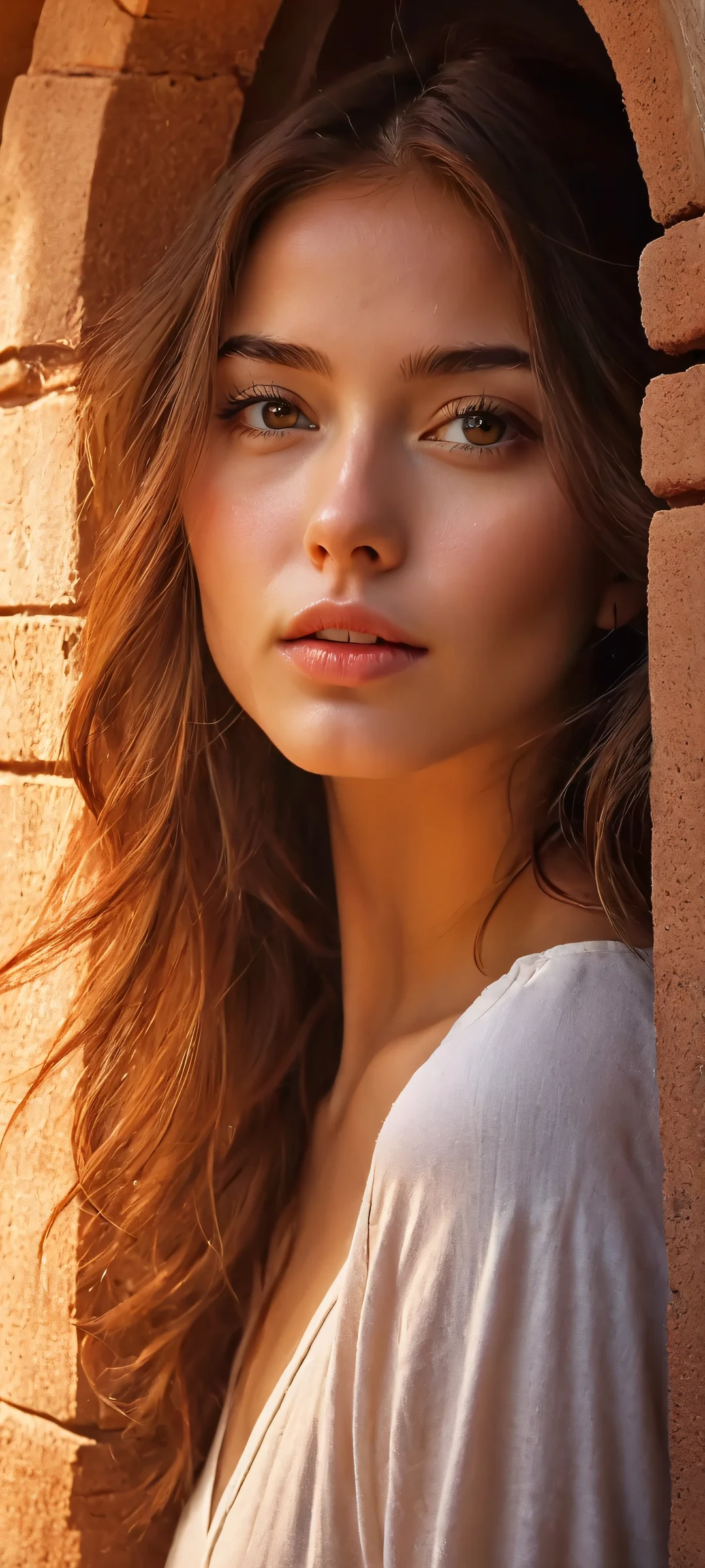 iPhone and Android user, relax with this stunning vertical wallpaper of a girl standing under an archway, perfectly optimized for your mobile home screen.