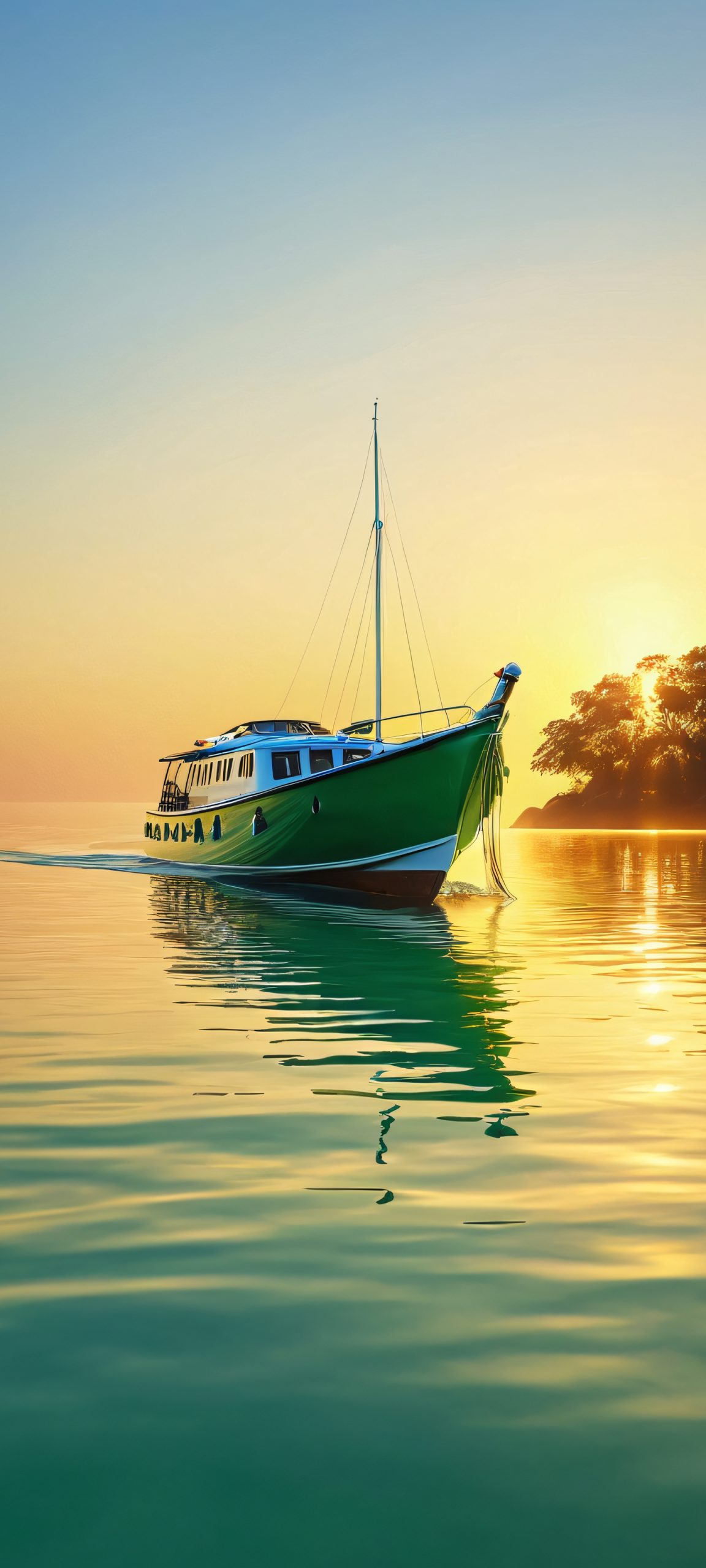 A stunning vertical mobile wallpaper featuring a boat gliding across a serene lake at golden hour, perfect for iPhone and Android devices.
