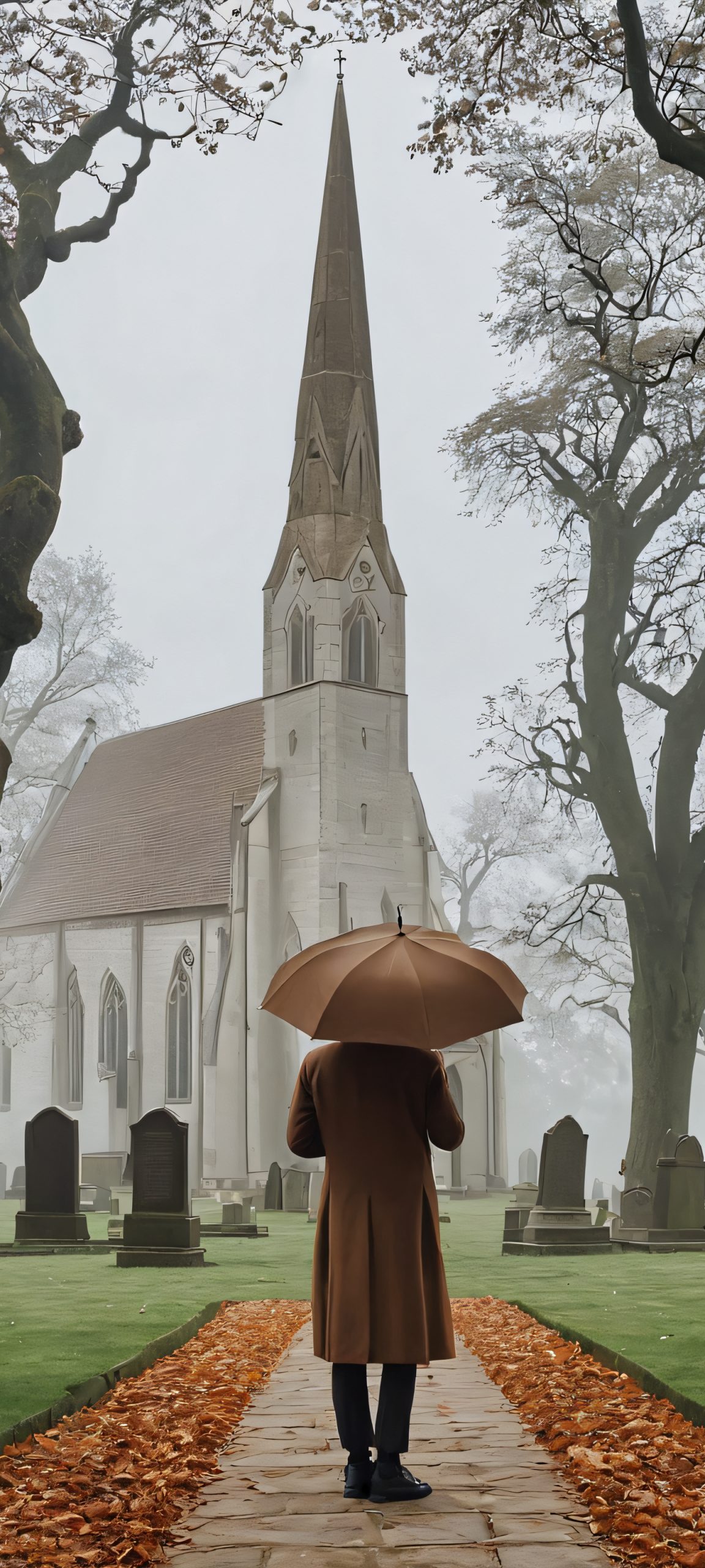 A person standing in a peaceful churchyard on an overcast day, surrounded by brown, gray, and white tones, perfect for iPhone and Android home screens.