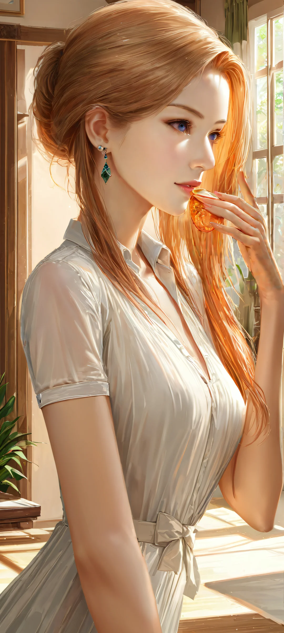 A stunning vertical anime wallpaper of a woman indoors with a soft and realistic atmosphere, perfect for iPhone/Android home screens.