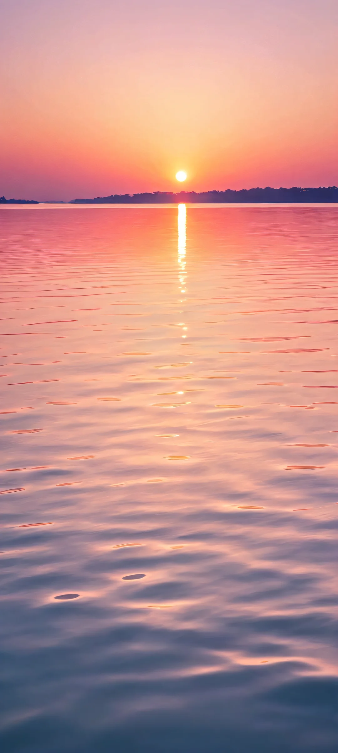 iPhone/Android wallpaper featuring a breathtaking sunset over calm water with soft golden hour hues and dreamy pastel pink accents.