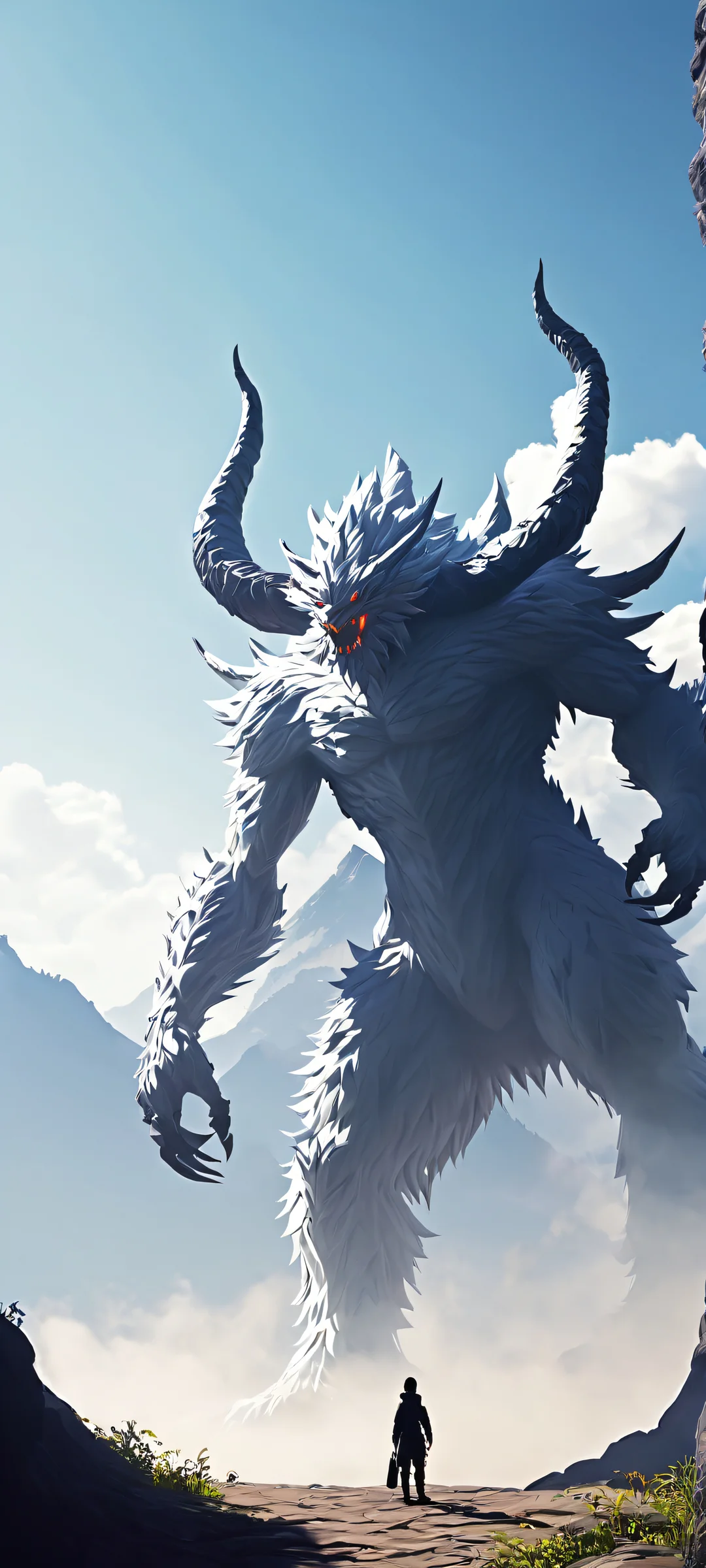 Ethereal Shadow Beast QHD Smartphone Background A majestic shadow monster rises from the valley, glowing with an ethereal light. Perfectly optimized for iPhone and Android home screens.