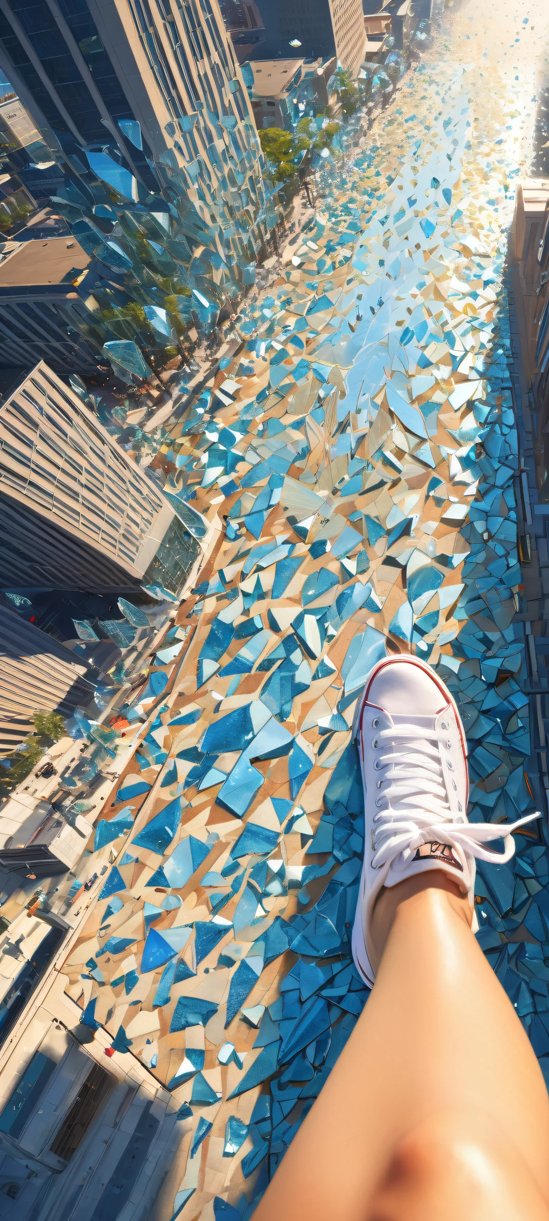 A stunning iPhone/Android wallpaper featuring shards of glass and a cityscape with a void above, perfect for home screens.