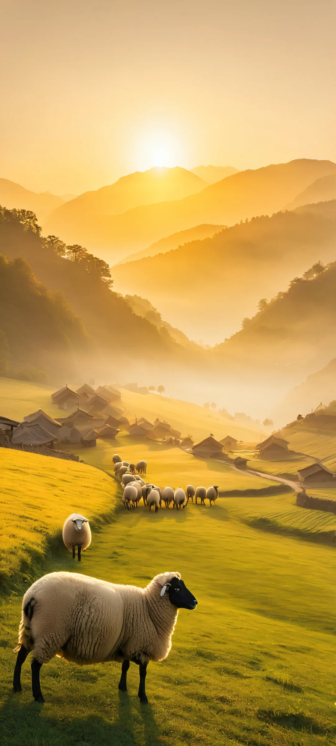 Breathtaking mobile phone wallpaper of Sheep Village at dawn. Perfectly optimized for iPhone and Android home screens.