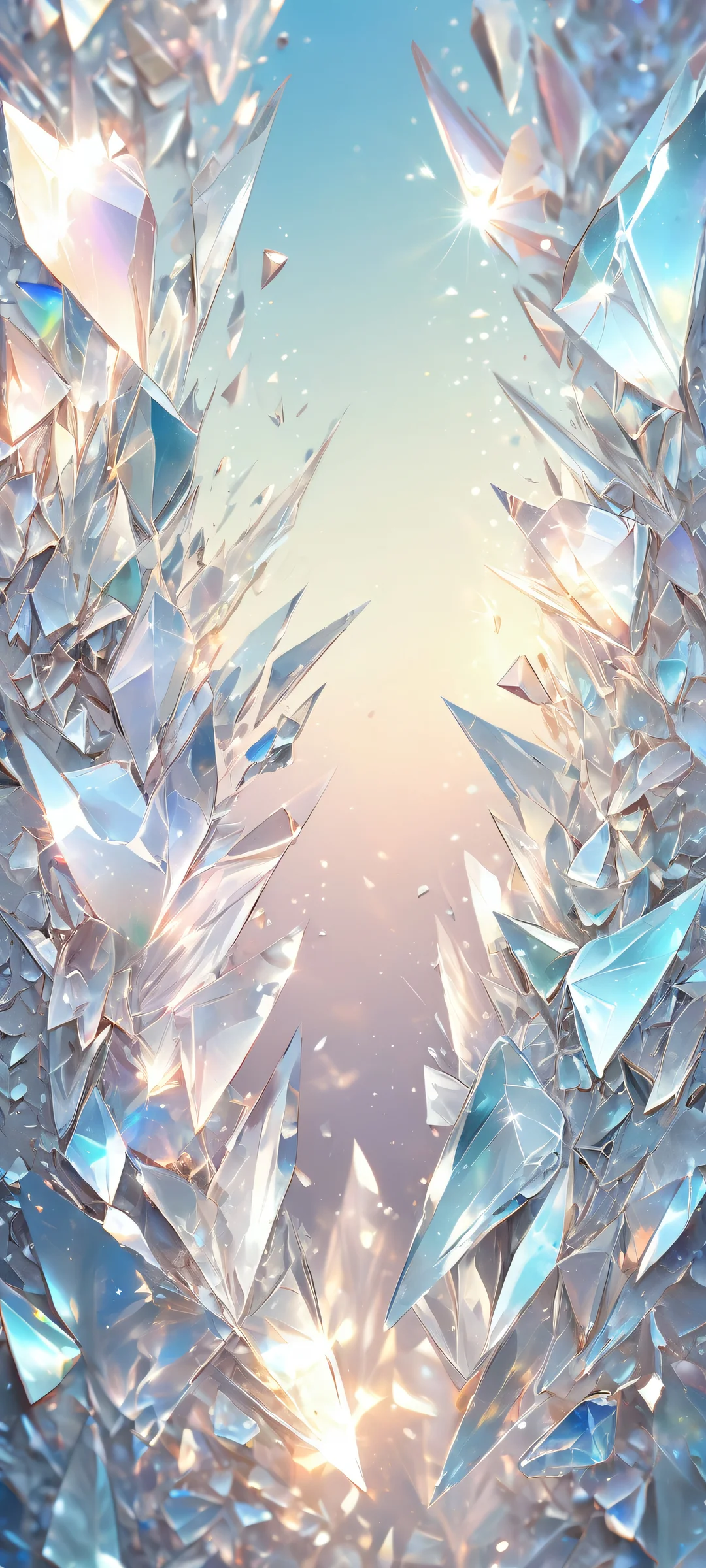 Iridescent shards suspended against a soft glowing background on an iPhone or Android device.