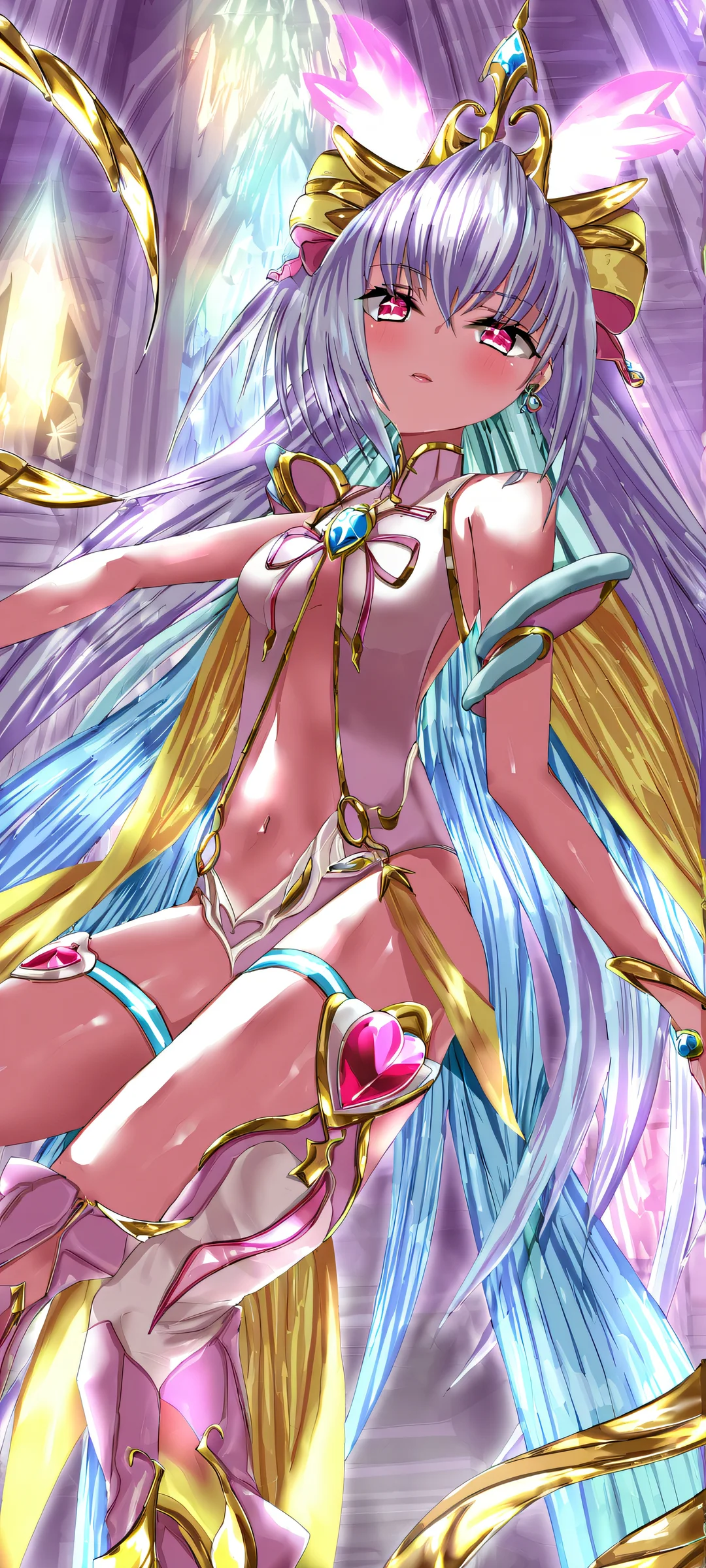 A stunning vertical mobile wallpaper featuring beautiful anime girls with shiny skin tones against a radiant background, iPhone と Android のホーム画面に完全に最適化.