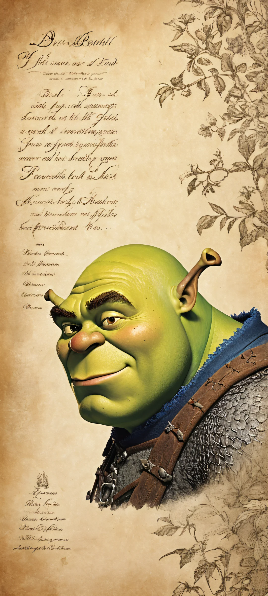 Medieval illustration of Shrek grasping a worn parchment, perfect for iPhone/Android home screens.