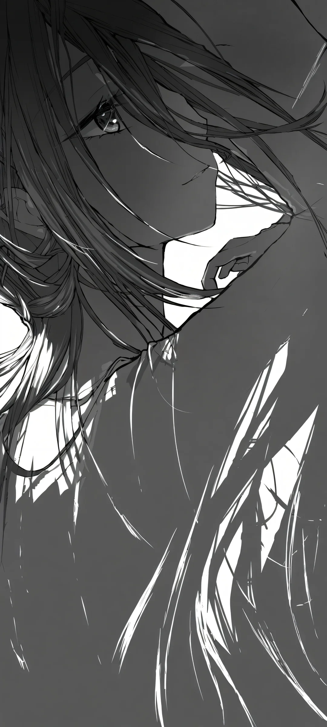 A stunning monochrome anime artwork of a girl with amber-toned sidelighting, perfectly optimized for iPhone and Android home screens.