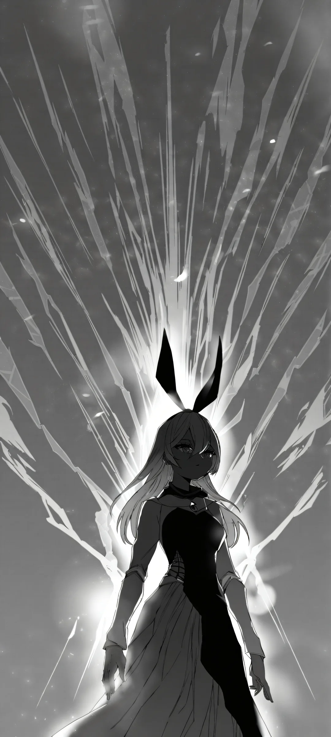 A stunning vertical mobile wallpaper of a girl in dark greyscale tones, beautifully lit by amber sidelighting. Perfect for iPhone and Android home screens.