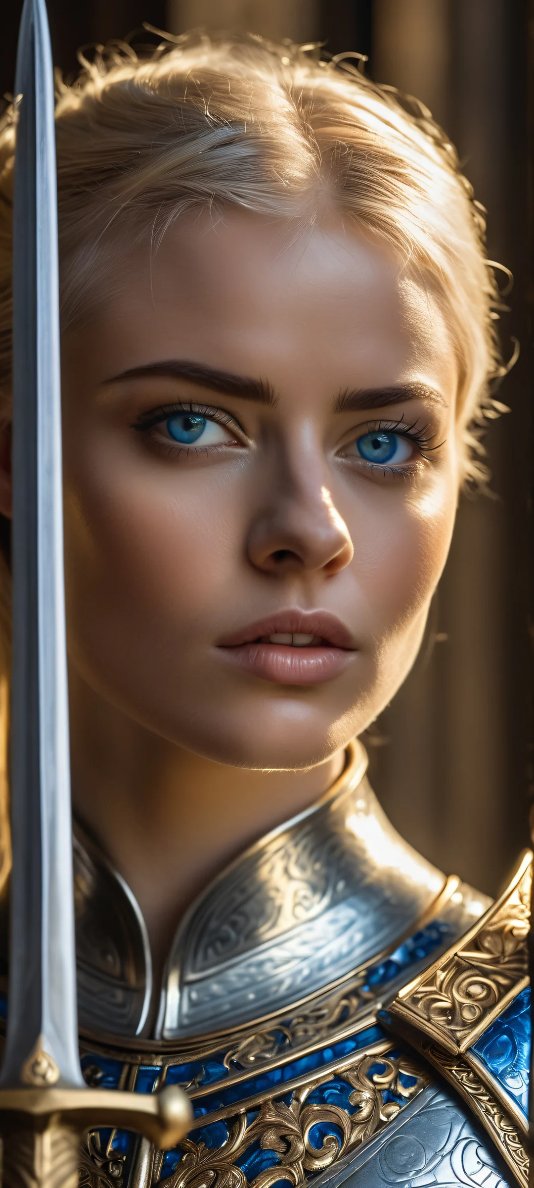A stunning blonde woman in shiny silver armor holding a sword on a vibrant blue background, perfectly optimized for iPhone and Android home screens.