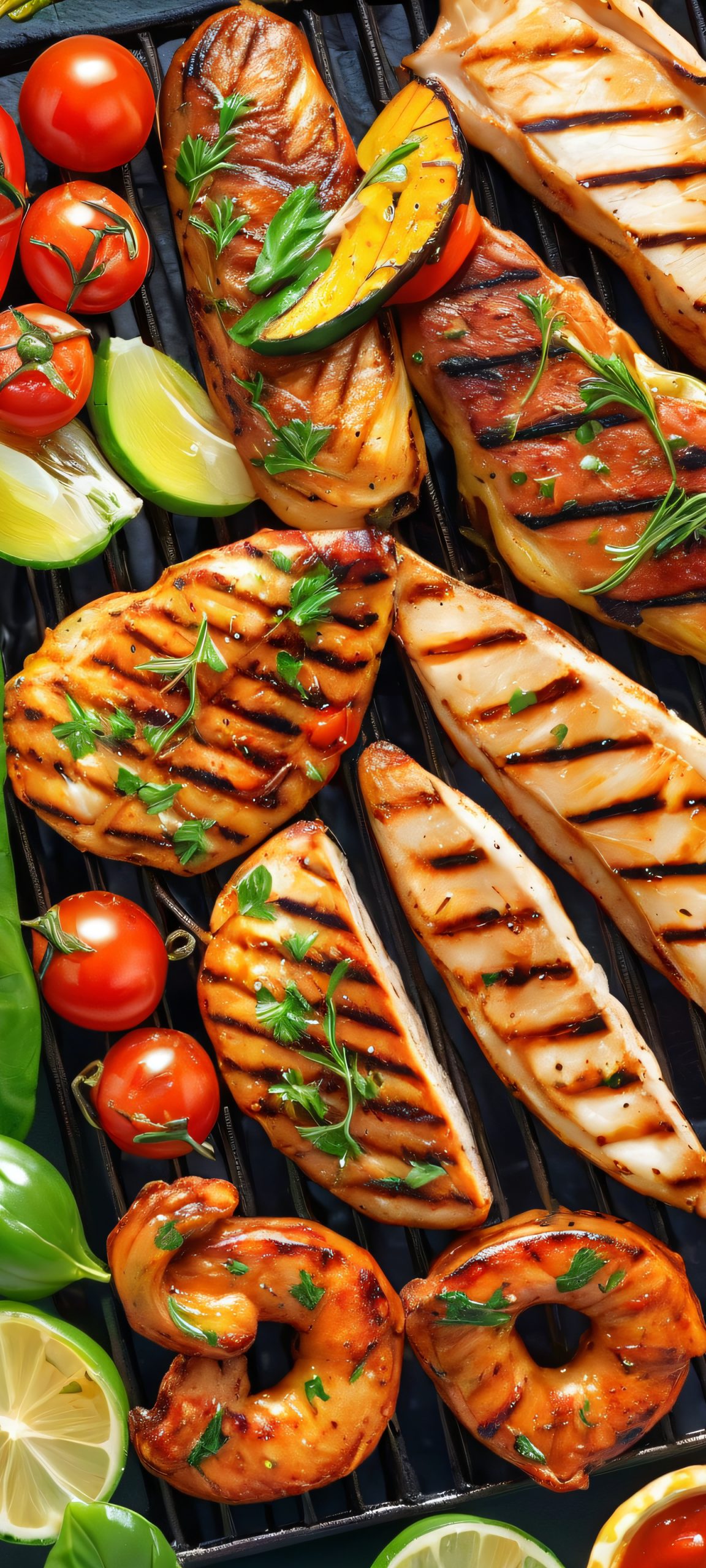 A deliciously grilled foods outdoor backyard scene, perfectly optimized for iPhone/Android home screens, with vibrant colors and high-quality visuals.