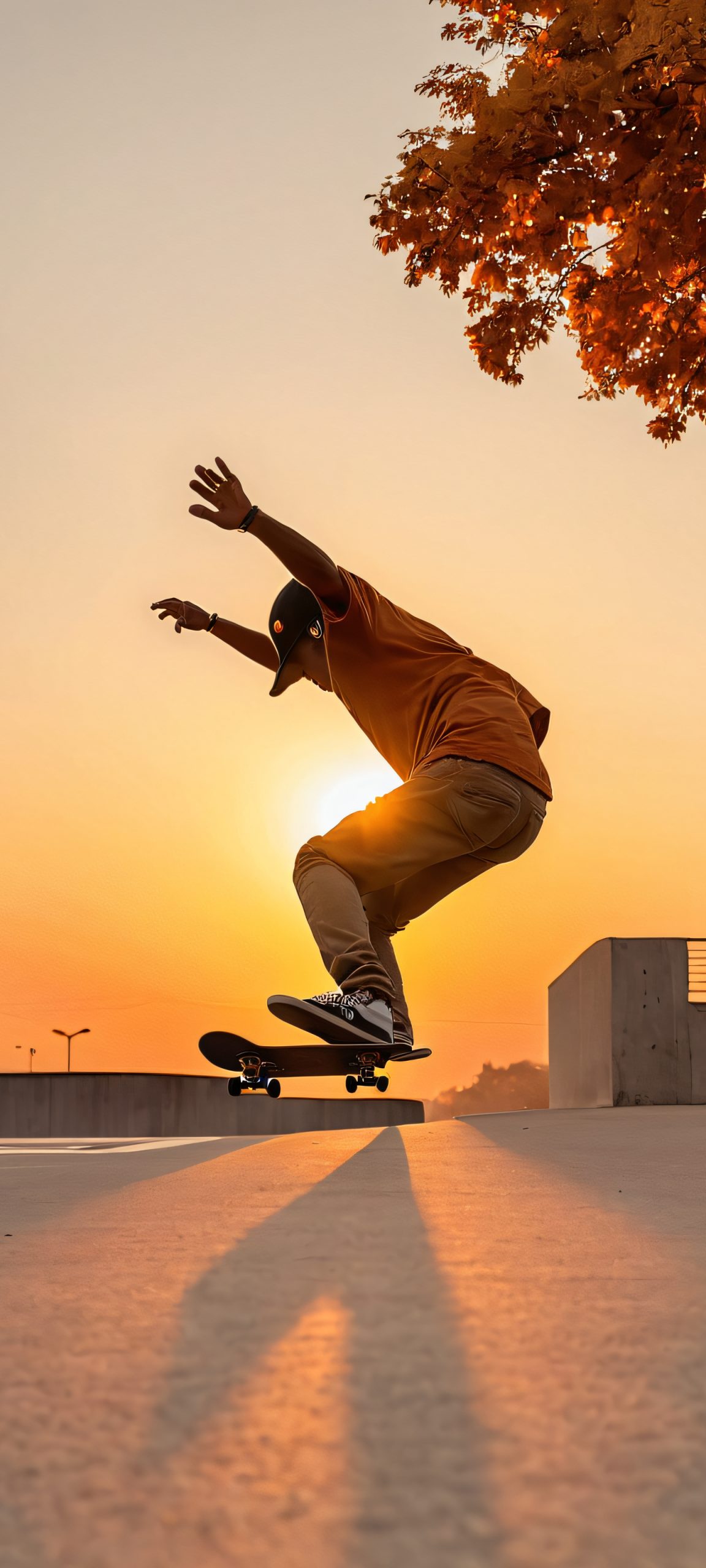 A stunning vertical mobile wallpaper of a skateboarder in action, perfectly suited for iPhone and Android devices. Capture the beauty of the golden hour with this urban masterpiece.