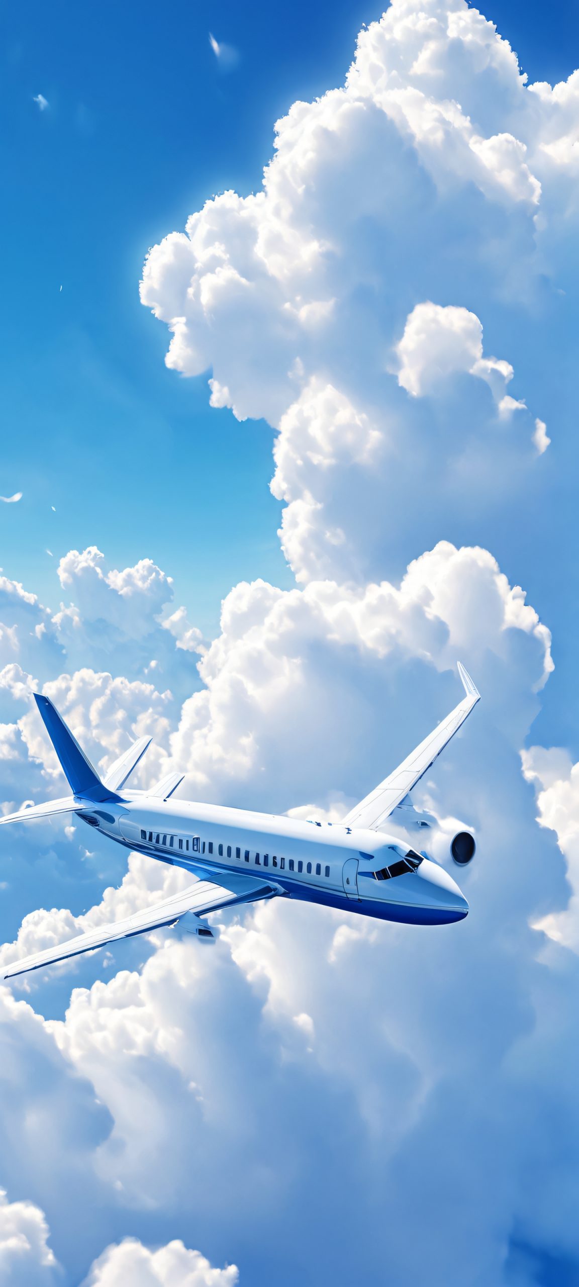 Skybound Dreamscape 2K QHD Mobile Wallpaper A stunning vertical landscape featuring a plane soaring through soft overcast clouds against a serene blue and white sky - perfect for iPhone/Android home screens.