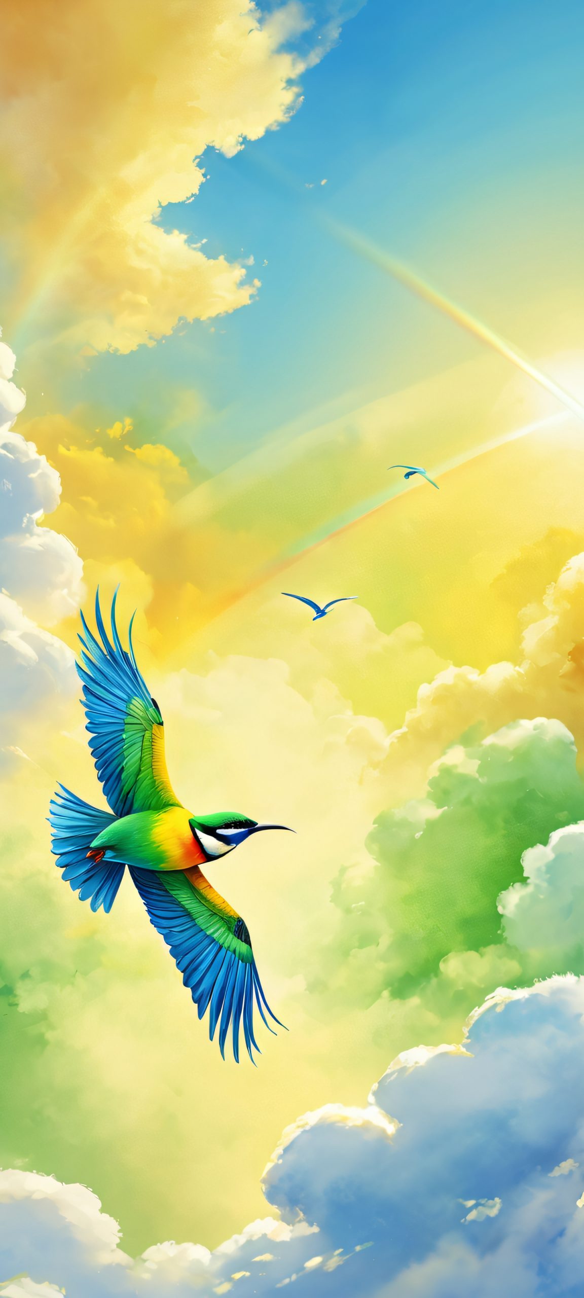 A majestic bird soars through a serene watercolor sky, surrounded by fluffy white clouds and a hint of golden sunlight, perfect for iPhone and Android home screens.