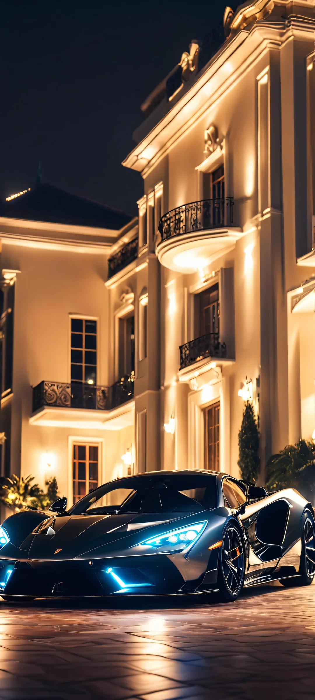 Luxury supercar shining bright on a well-lit mansion night - perfect for iPhone and Android home screens