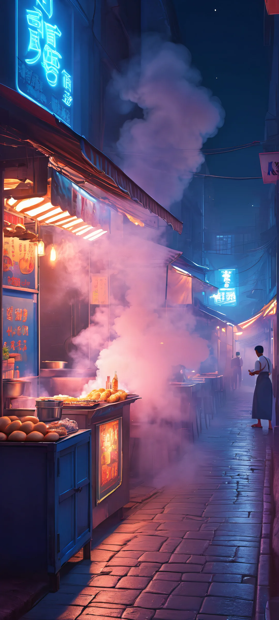 A serene illustration of a night street food stall in a smoke-filled alleyway, lit by muted neon glow. Perfect for iPhone and Android home screens.